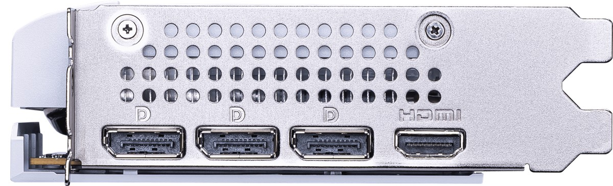 Ekran bağlantı noktaları ve HDMI'lı gümüş bilgisayar grafik kartı. Metal arka plaka ve havalandırma delikleri içerir.