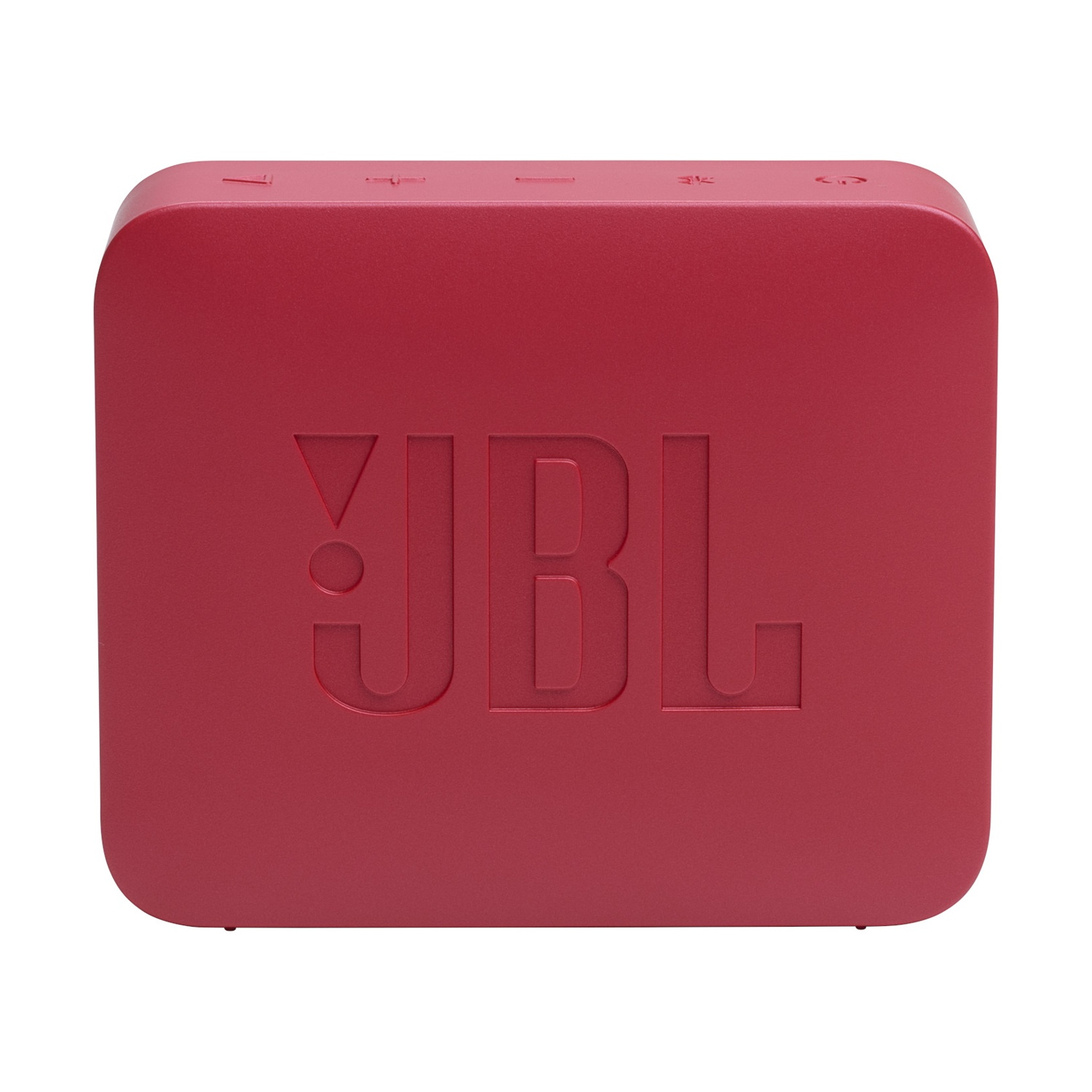 Un altoparlante JBL rosso è centrato. Il logo JBL è in evidenza. L'altoparlante è rettangolare con angoli arrotondati. I pulsanti sono visibili in alto.