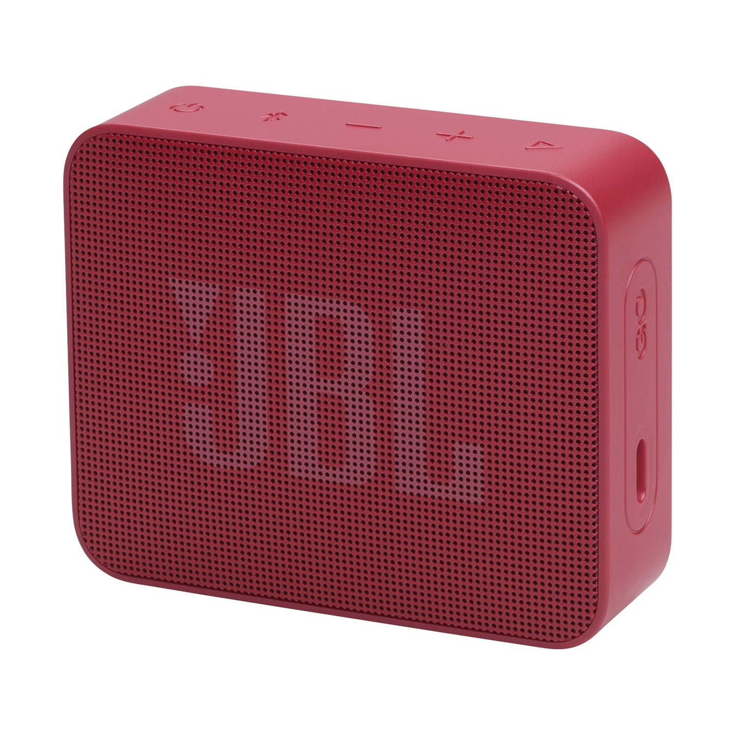 Un altoparlante JBL rosso. La parte anteriore ha il logo JBL. In alto ci sono i pulsanti di accensione e volume. Il lato ha pulsanti e una porta.