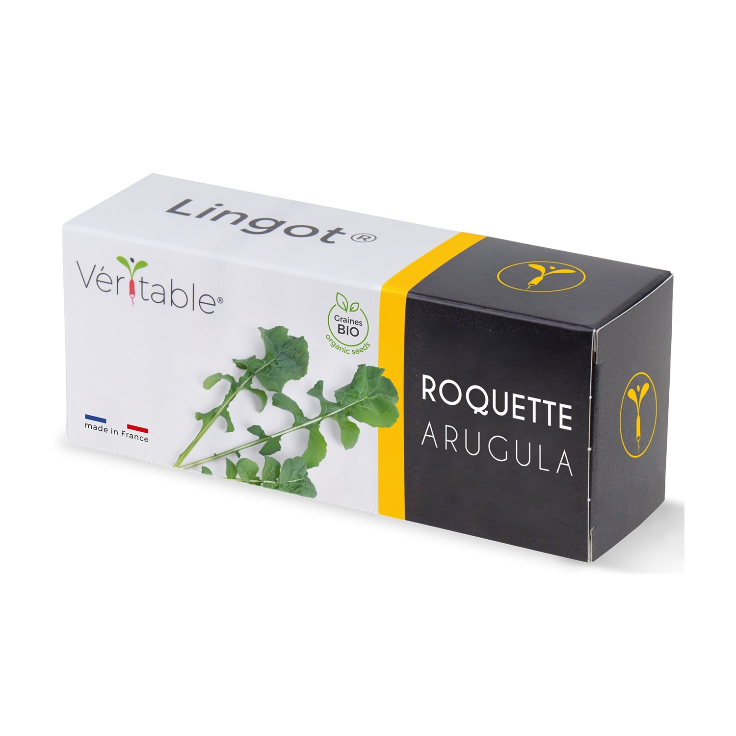 Scatola di semi di 'Roquette Arugula'. Scatola bianca e nera con striscia gialla. Include l'illustrazione della rucola e 'Made in France'.