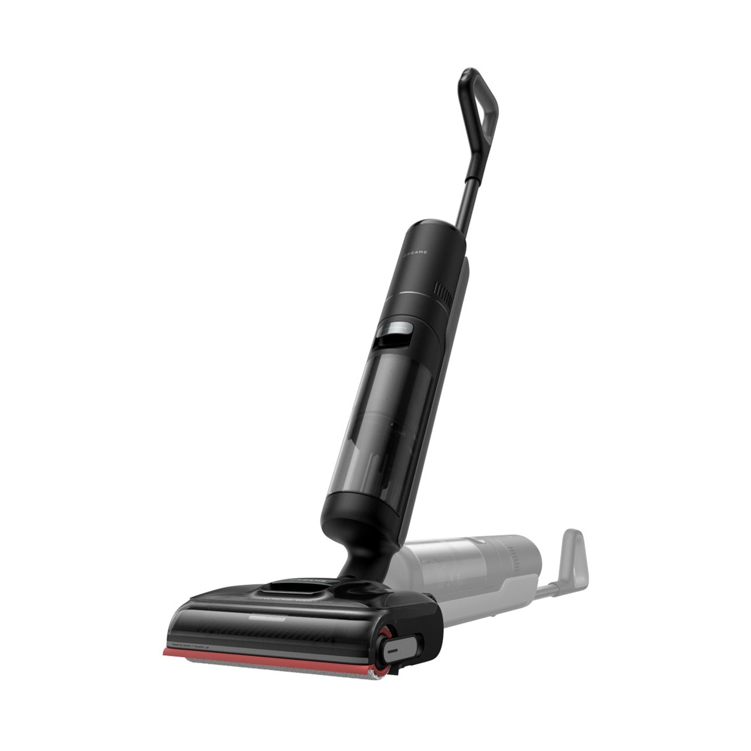 Aspirapolvere cordless nero e grigio su sfondo bianco. Presenta manico, corpo e testina con bordo rosso.