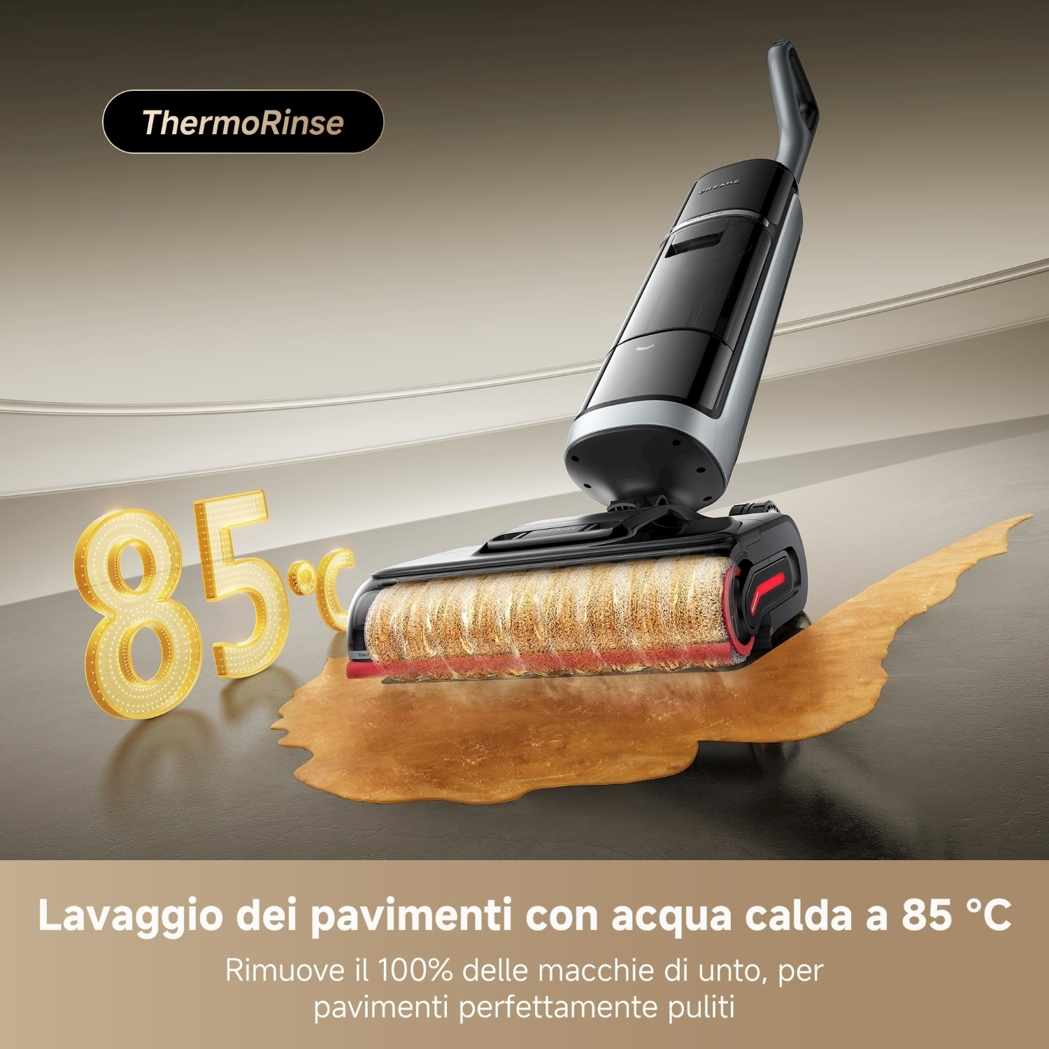 Un pulitore per pavimenti con funzione ThermoRinse che pulisce un liquido versato. 85°C sono visualizzati in modo prominente. Il testo sottostante indica la pulizia.