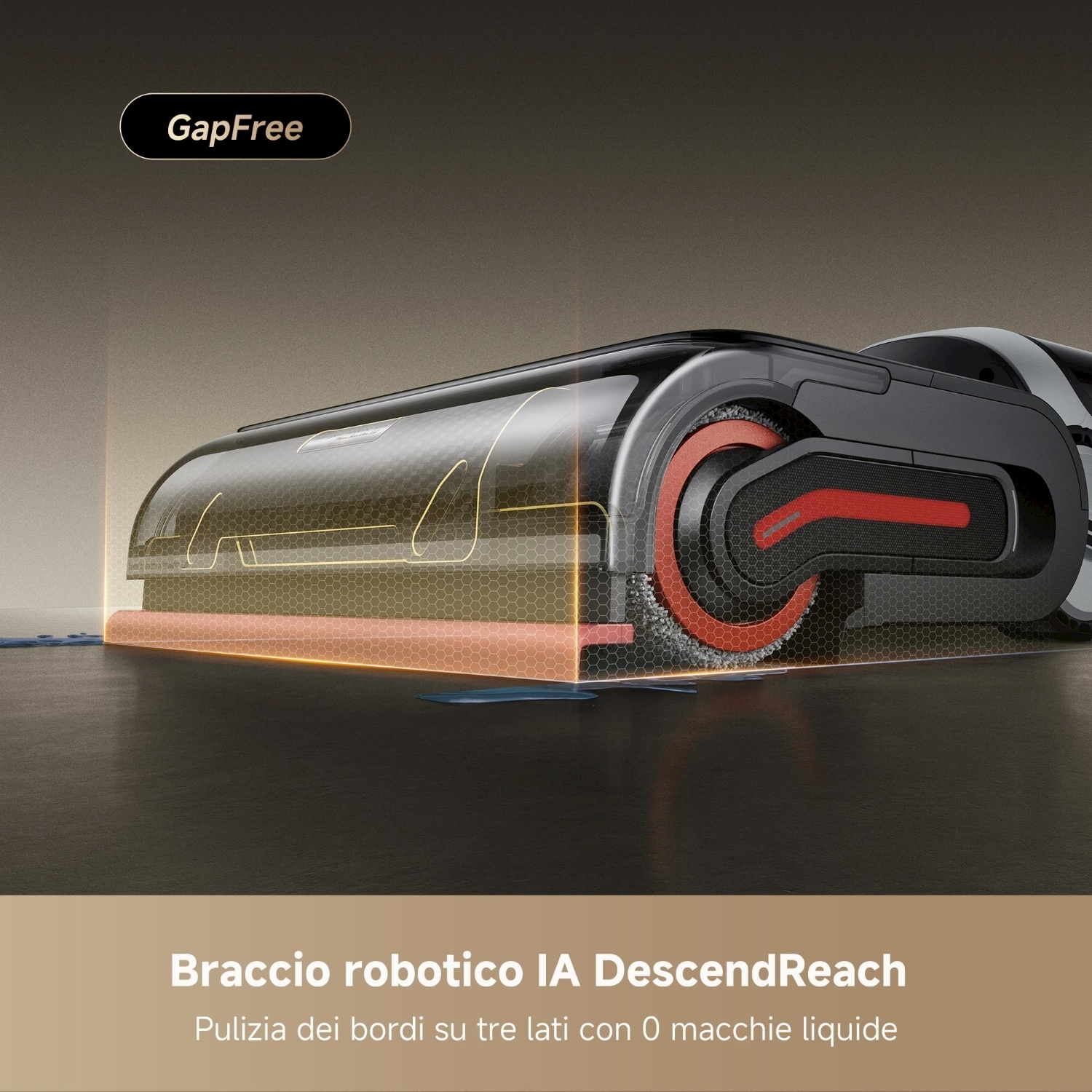 Un robot aspirapolvere nero e rosso. Il testo dice 'GapFree' e 'Braccio robotico IA DescendReach' per la pulizia dei bordi.