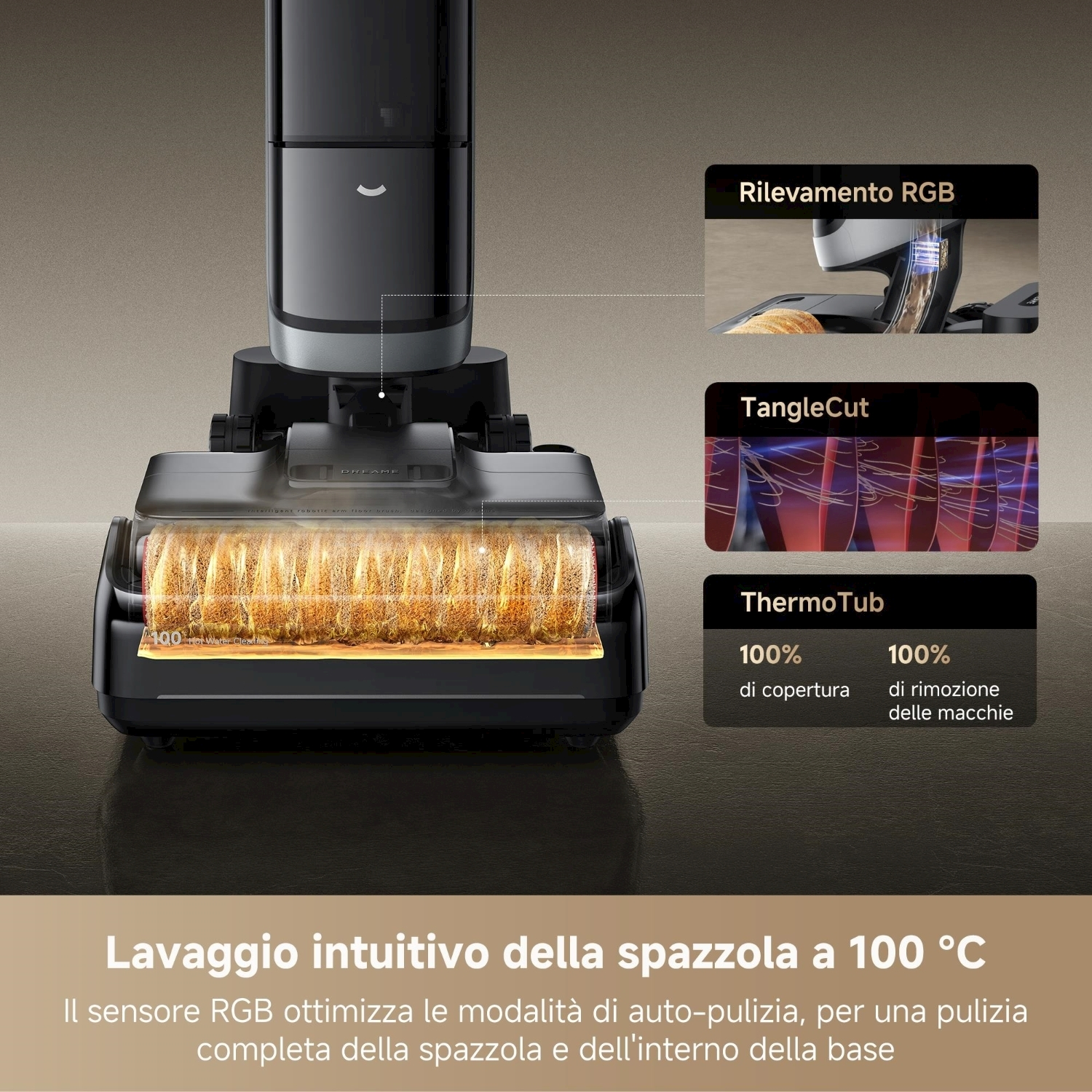 Un aspirapolvere nero con dettagli evidenziati. Include rilevamento RGB, TangleCut e ThermoTub, con copertura al 100% e rimozione delle macchie.