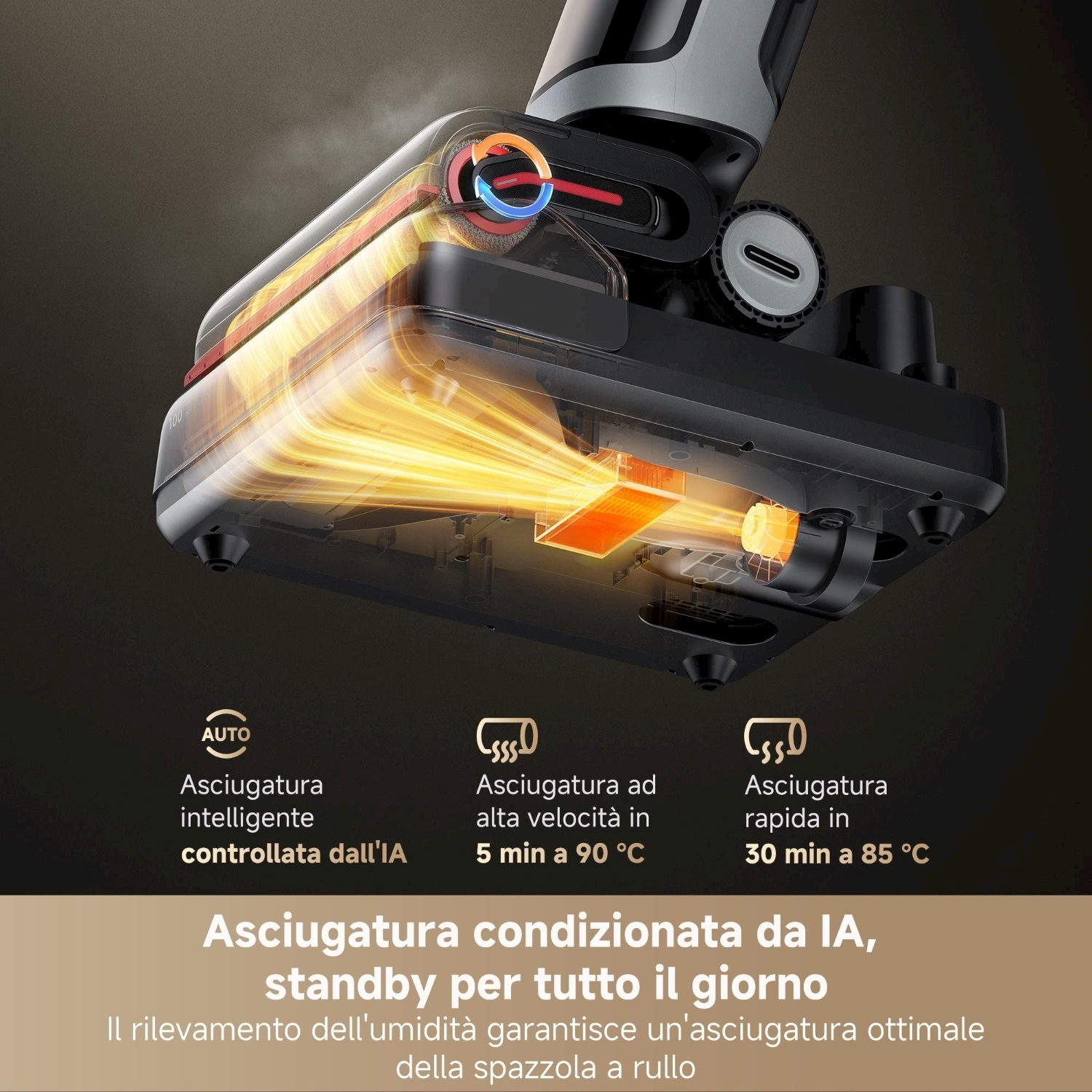 Un dispositivo sezionato trasparente mostra il flusso d'aria e i componenti interni. Il testo evidenzia l'asciugatura controllata dall'IA e lo standby.