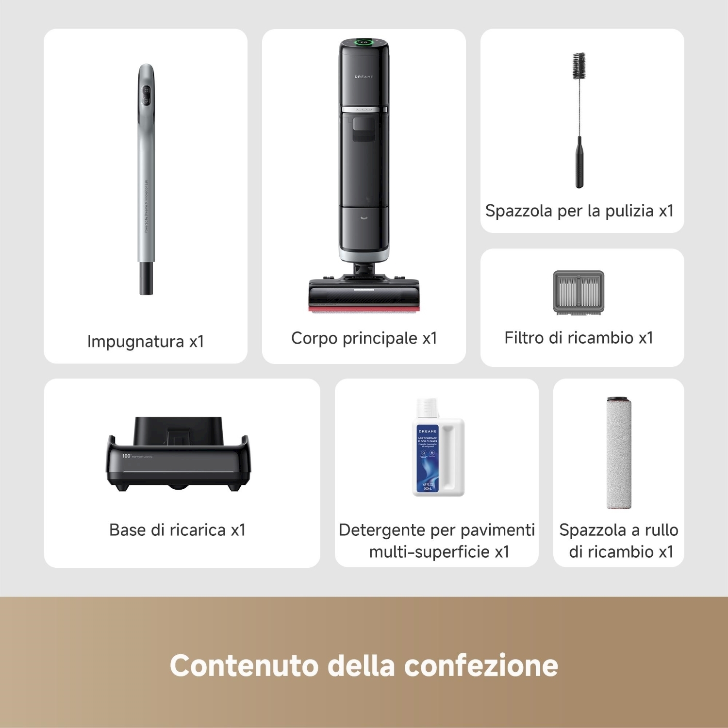L'immagine mostra i componenti dell'aspirapolvere: maniglia, corpo principale, spazzola pulizia, filtro, base ricarica, detergente e spazzola a rullo.