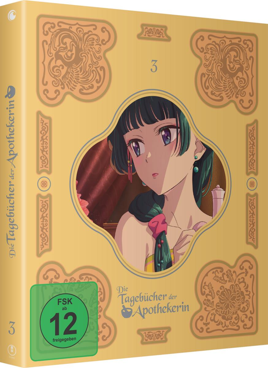 Anime-Box-Art zeigt eine Frau mit lila Augen. Die Box ist goldfarben mit dekorativen Mustern und dem deutschen Titel 'Die Tagebücher der Apothekerin'.