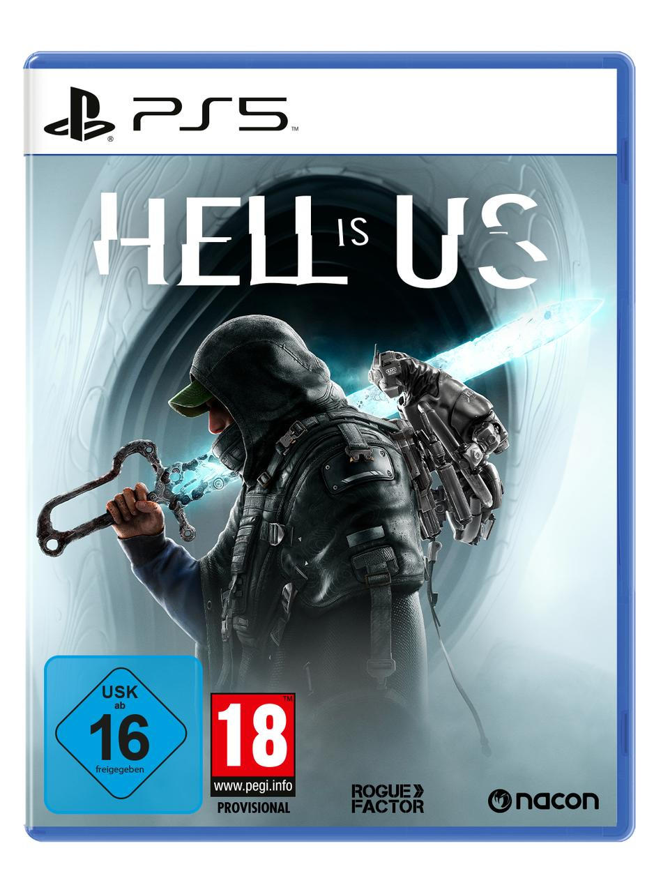 Das Spielcover von 'Hell is Us' zeigt eine Kapuzenfigur mit einem leuchtenden Schwert. Das PS5-Logo ist oben. Altersfreigaben sind sichtbar.