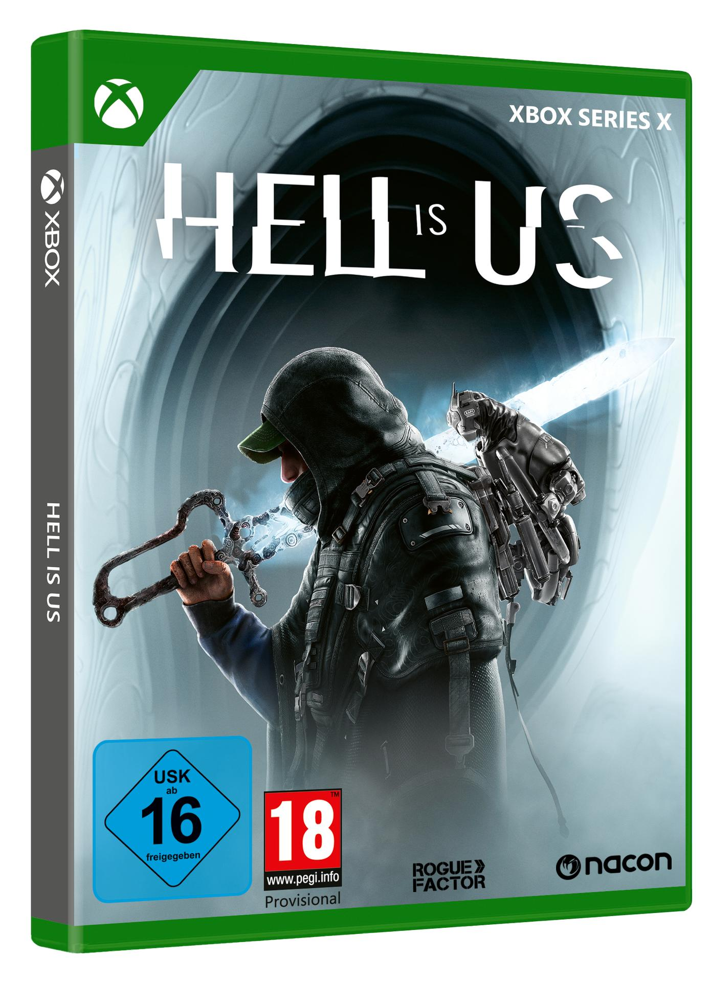 Xbox Series X-Spielcover für 'Hell is Us'. Eine Figur hält eine leuchtende Waffe. Der Spieletitel ist deutlich sichtbar.