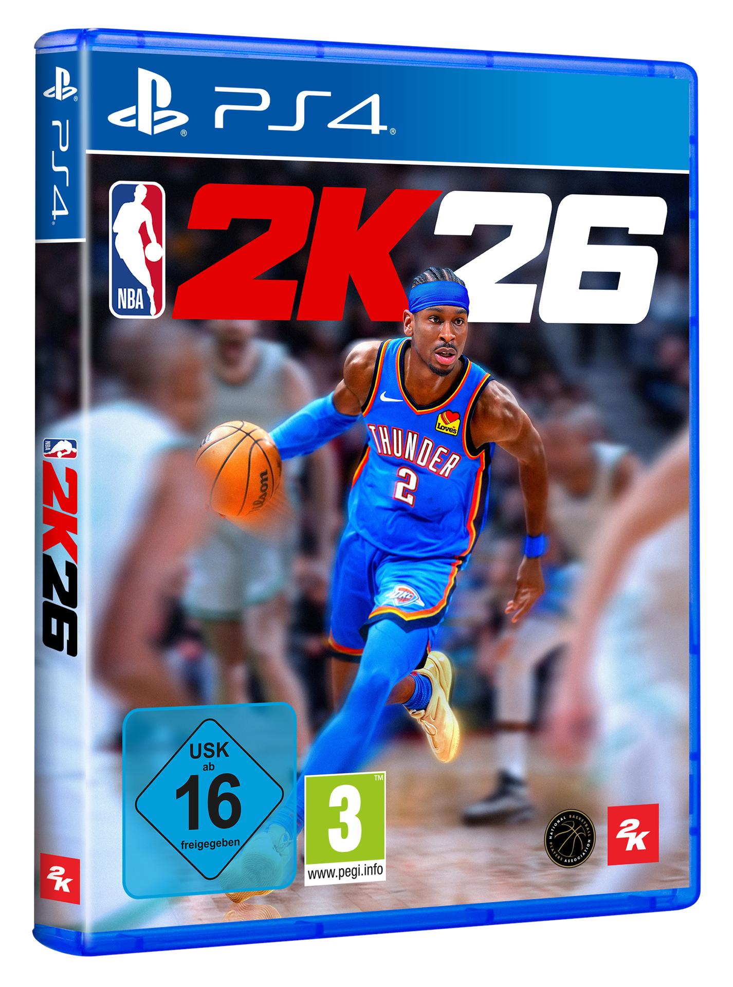 Cover-Art für das NBA 2K26 PS4-Spiel. Zeigt einen Basketballspieler in blauem Trikot mit Spieltitel und NBA-Logo.