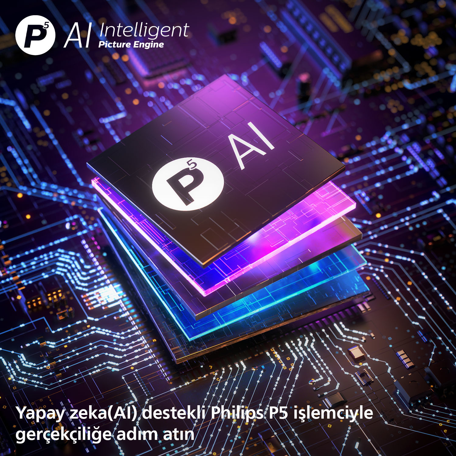 Görüntü, 'AI' ve 'P5' logolarına sahip katmanlı bir işlemciyi gösteriyor. Arka plan, mavi ve mor ışıklarla bir devre kartıdır.