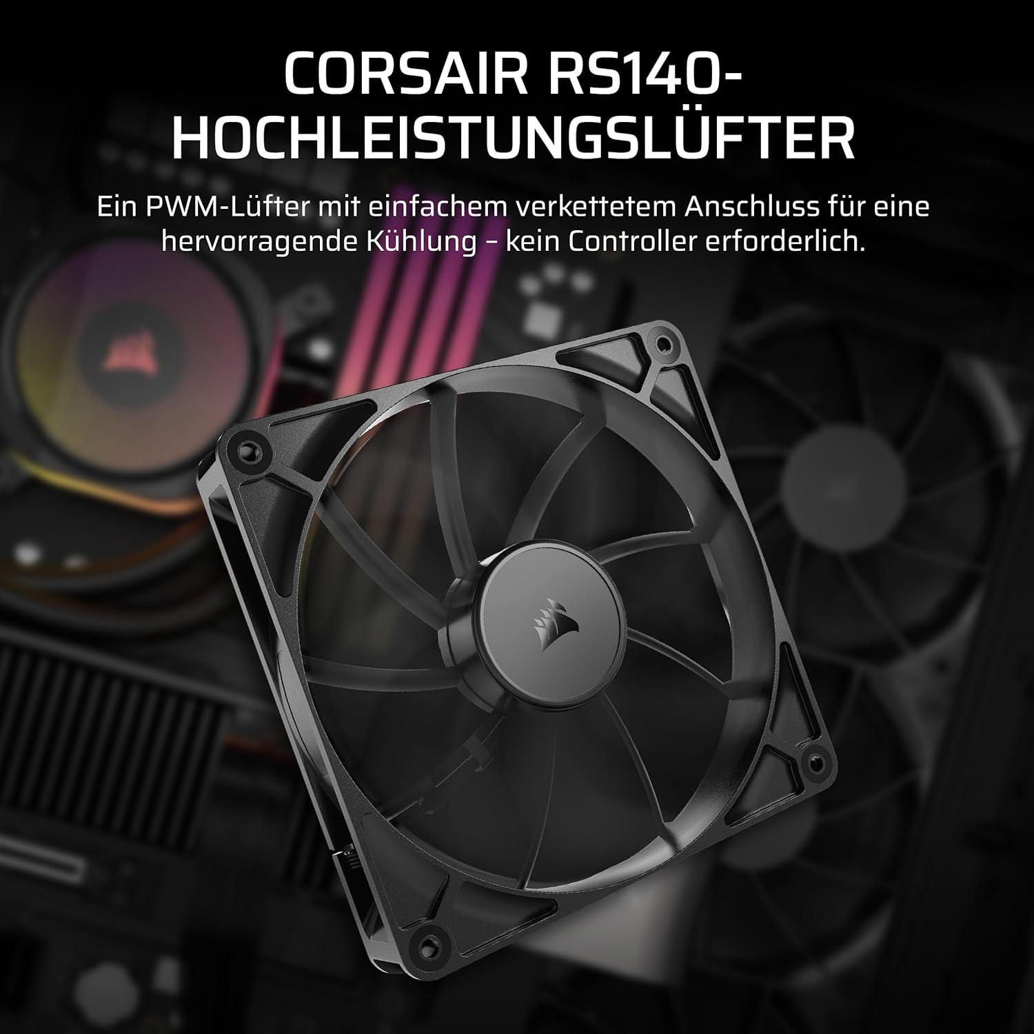 Schwarzer Computerlüfter, Corsair RS140, mit Flügeln und Logo. Text auf Deutsch oben.