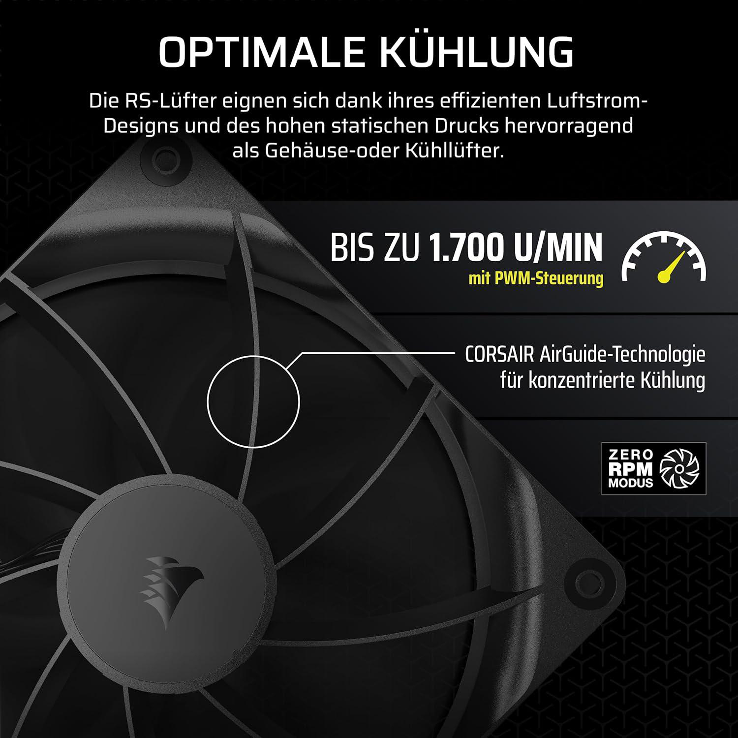 Schwarzer Computerlüfter mit Text, Geschwindigkeitsanzeige und Corsair-Logo. Hintergrund ist dunkelgrau mit geometrischem Muster.