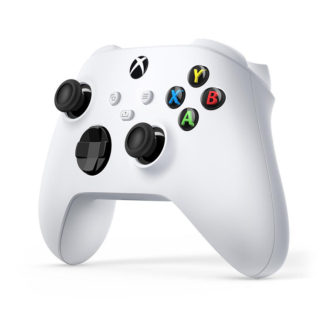 Ein weißer Xbox-Controller auf weißem Hintergrund. Er hat schwarze Thumbsticks und farbige Knöpfe: Y-gelb, X-blau, B-rot, A-grün.