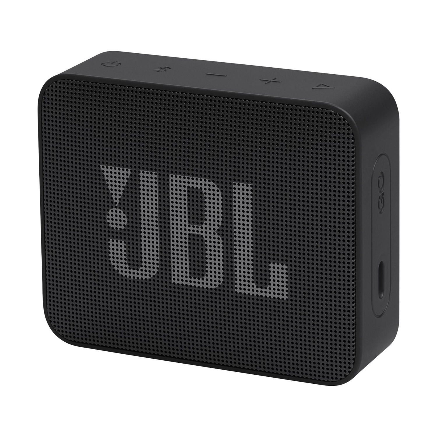 Un altoparlante JBL Go 2 nero. La parte anteriore è una griglia perforata con il logo JBL. La parte superiore ha dei pulsanti. Il lato ha delle porte.