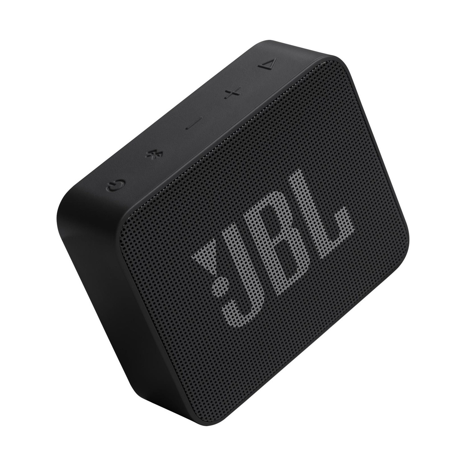 Altoparlante nero JBL Go 2. Pulsanti in alto, logo JBL sul davanti. Griglia altoparlante perforata. Leggermente angolato.