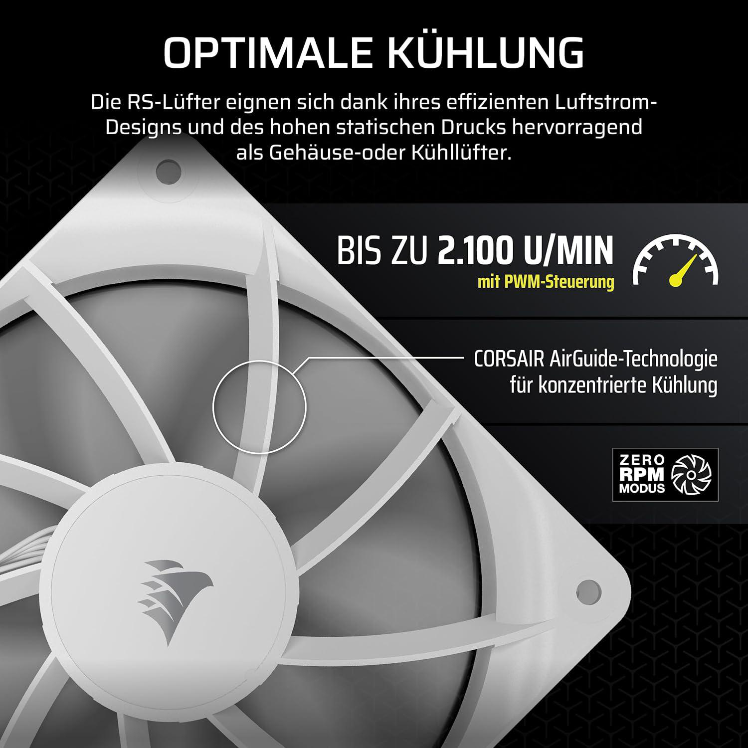 Weißer Computerlüfter mit Text über Kühlung, RPM und Corsair-Technologie auf grauem Hintergrund.