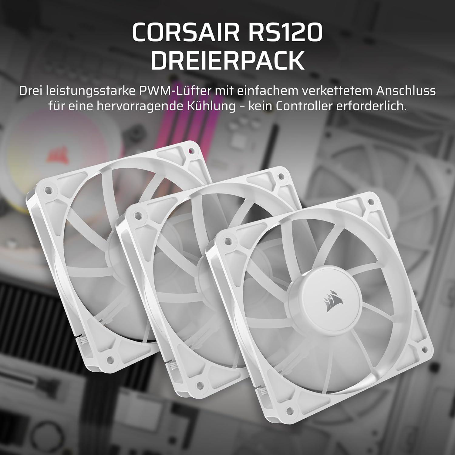 Drei weiße Computerlüfter. Produktname: Corsair RS120. Text: Leistungsstarke PWM-Lüfter zur Kühlung, kein Controller erforderlich.