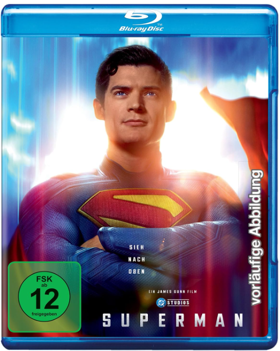 Superman Blu-ray Cover. Mann im Kostüm mit rotem Umhang. Blaue und gelbe Farben. Titel: Superman. Bewertung: FSK ab 12.