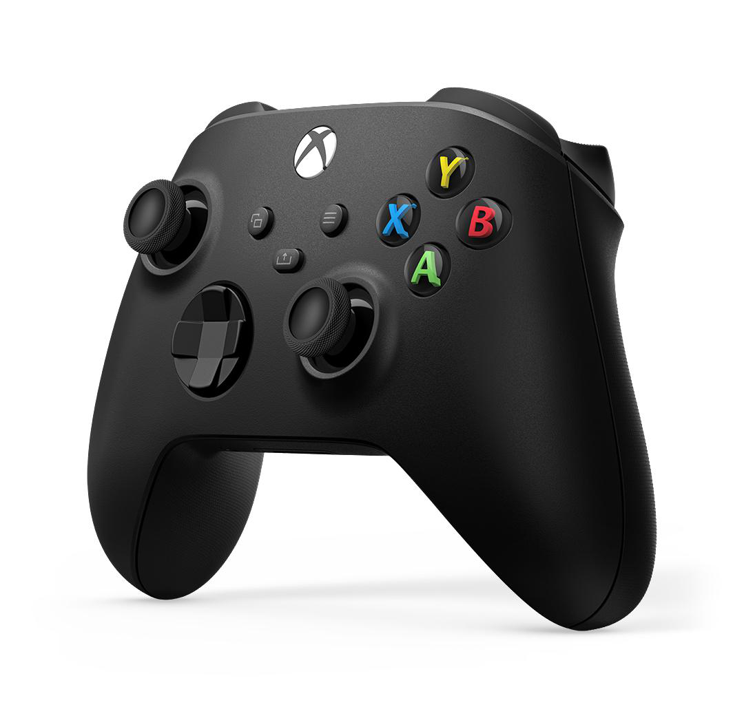 Ein schwarzer Xbox-Controller mit farbigen Knöpfen. Der Controller hat zwei Joysticks, ein D-Pad und das Xbox-Logo.