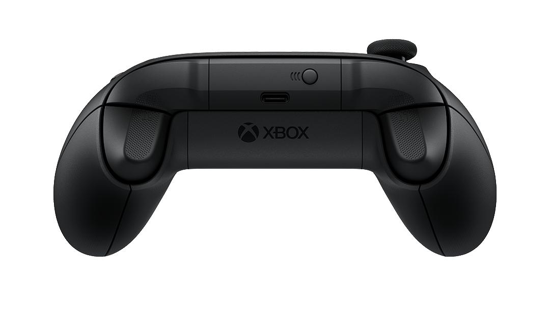 Ein schwarzer Xbox-Controller. Es hat Knöpfe, Joysticks und ein Logo. Das Design ist ergonomisch mit gebogenen Griffen.