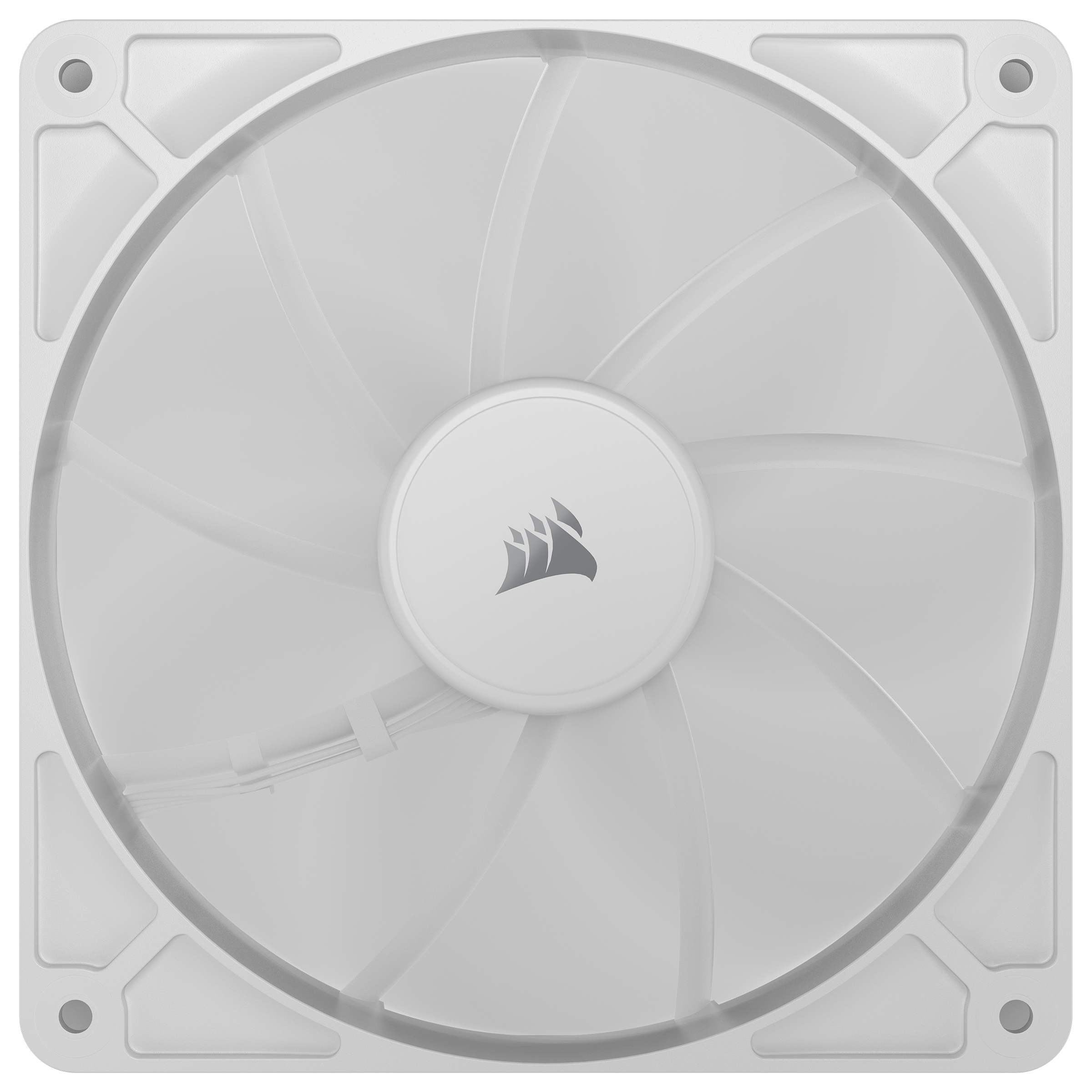 Ein weißer Computerlüfter mit Flügeln. Die Mitte hat ein Logo. Ein quadratischer Rahmen umgibt die Flügel.