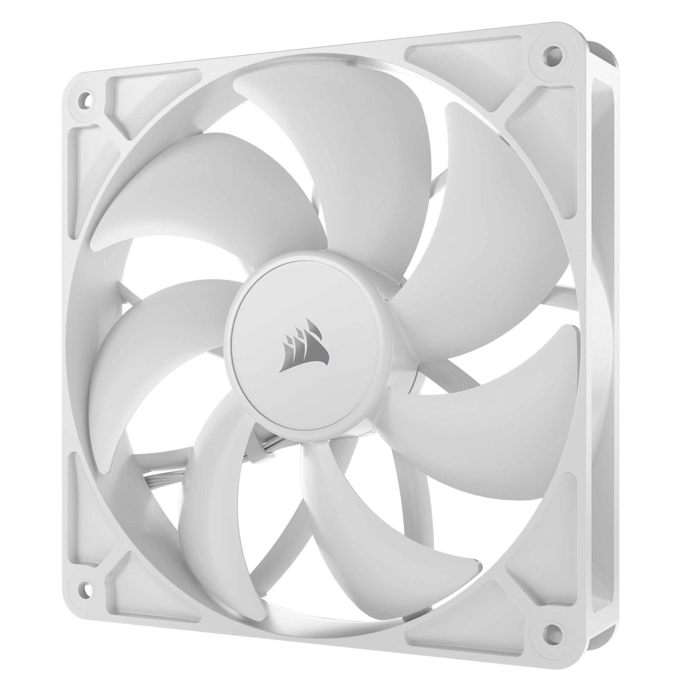 Ein weißer Computerlüfter mit sieben Flügeln und einem zentralen Logo. Der Rahmen hat Befestigungslöcher.