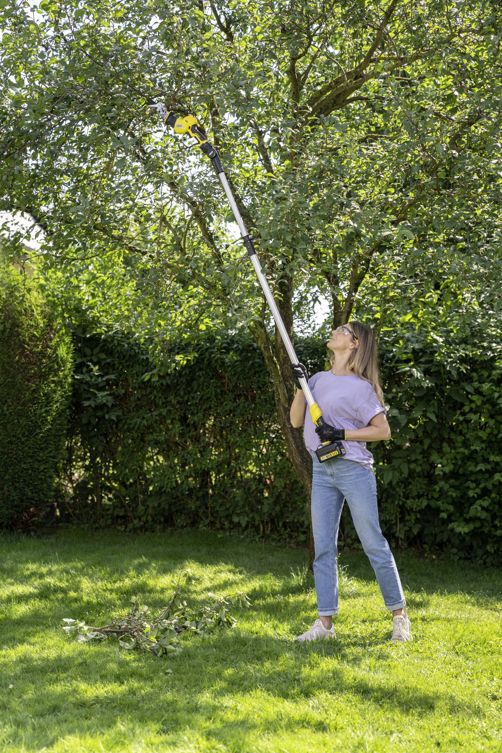Egy nő egy sárga teleszkópos fűrésszel metsz egy fát egy napos udvaron. Zöld fű és sövény a háttérben.