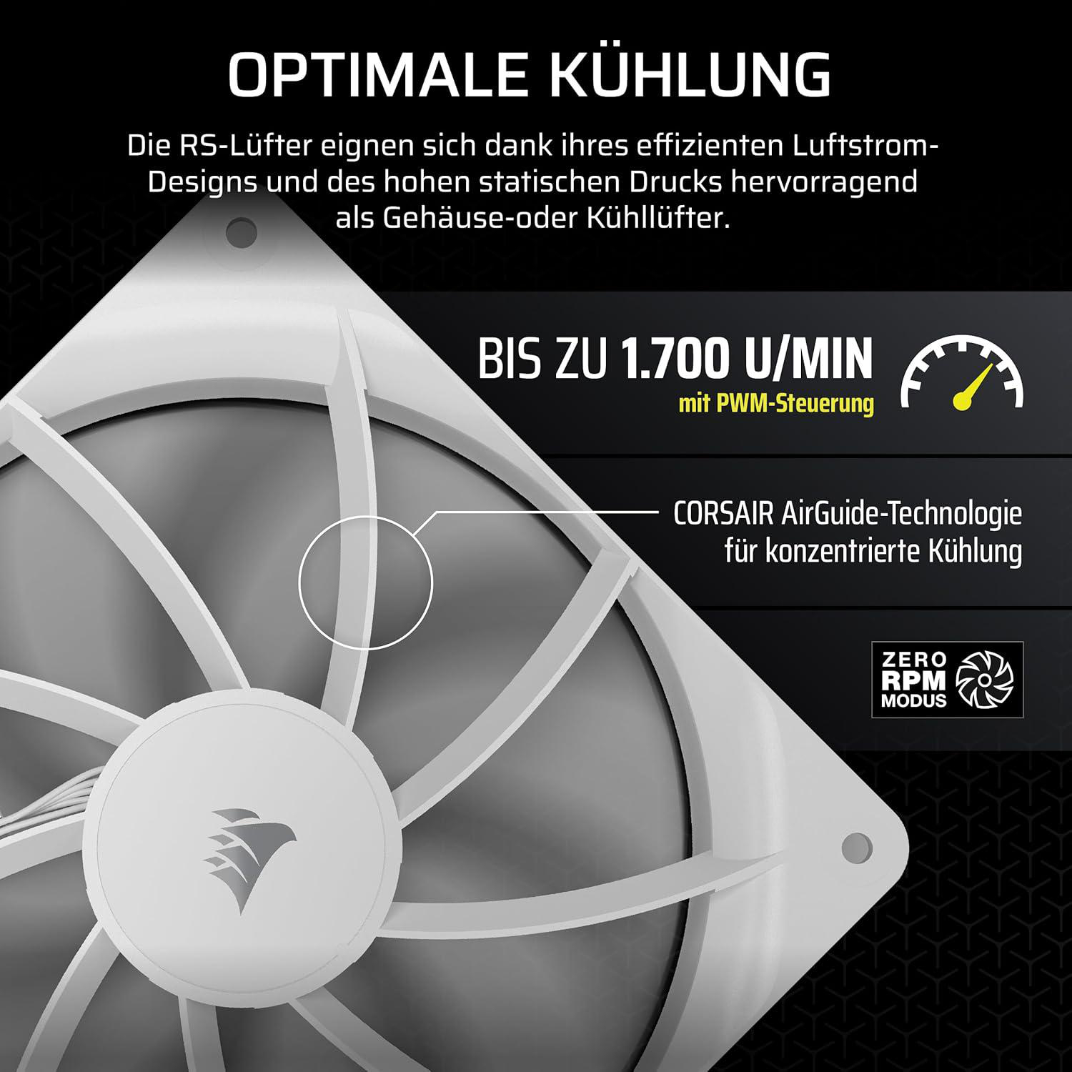 Weißer Computerlüfter mit Text: Optimale Kühlung, bis zu 1.700 U/min, AirGuide-Technologie. Corsair-Logo.