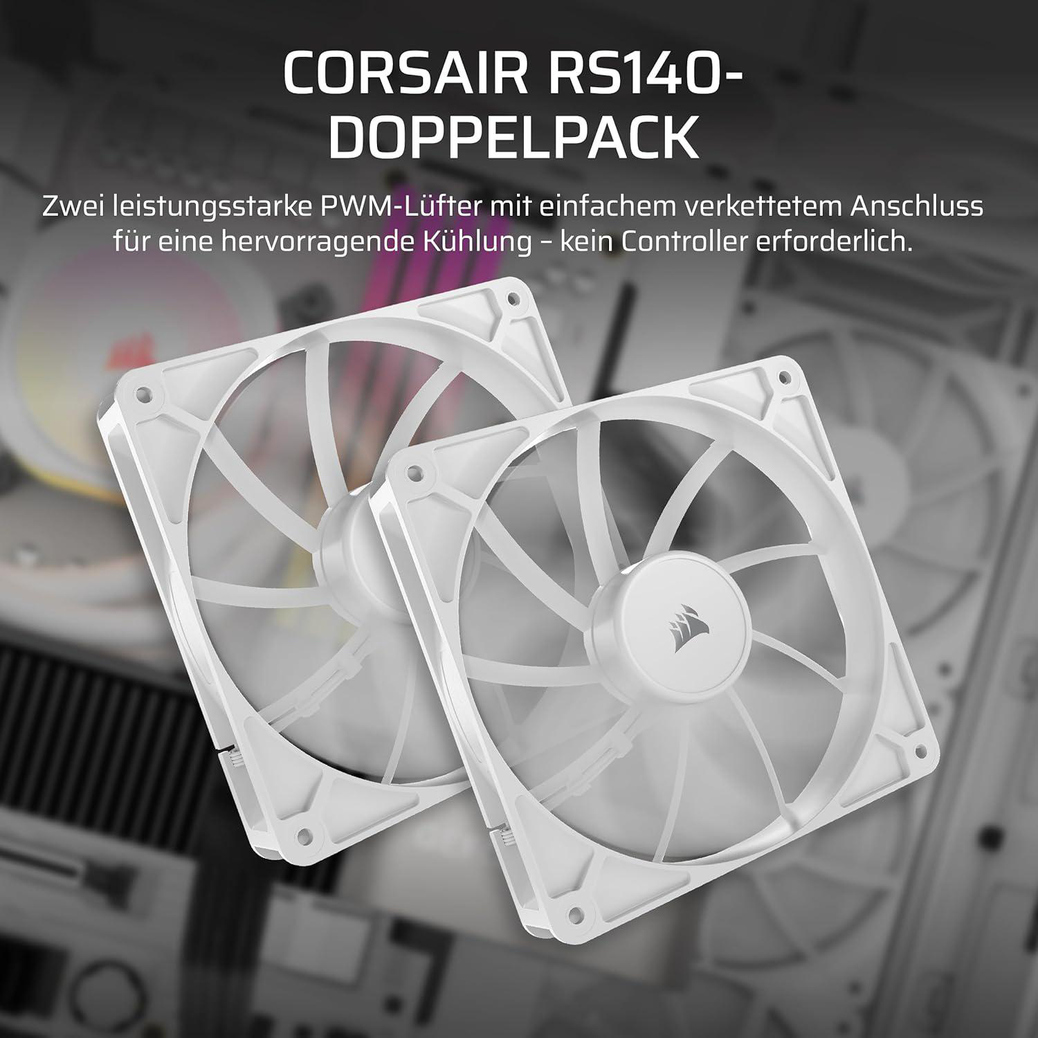 Zwei weiße Computerlüfter mit mehreren Flügeln. Die Lüfter sind in einem weißen quadratischen Rahmen. Der Hintergrund ist unscharf.
