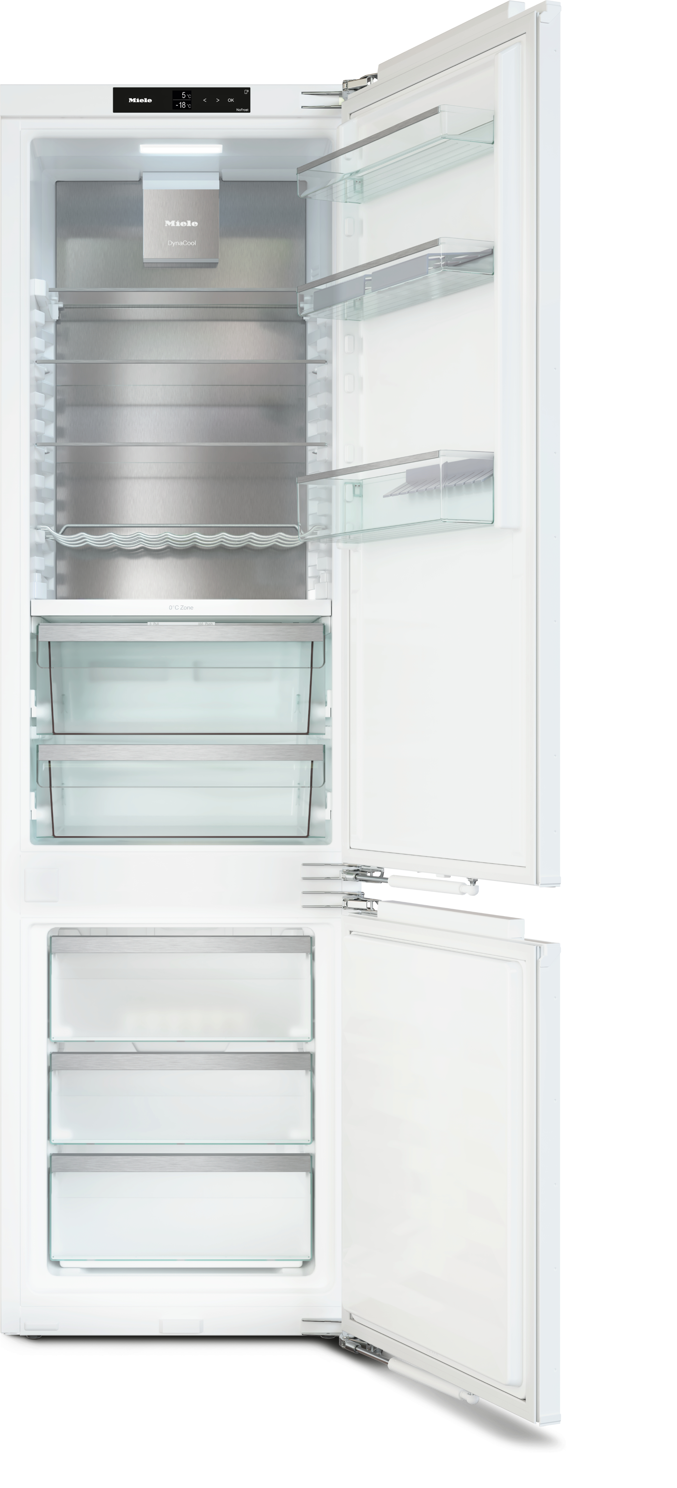 Ein offener weißer Kühlschrank mit Glasböden und Schubladen. Die obere Tür ist offen und gibt den Innenraum frei. Ein Miele-Logo ist sichtbar.