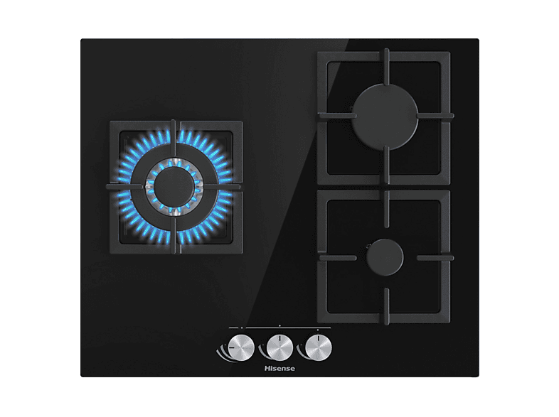 Hisense GG633B, 3 zonas, 58 cm, Gas Natural, Encendido fácil, Fogón Wok, Cristal Negro