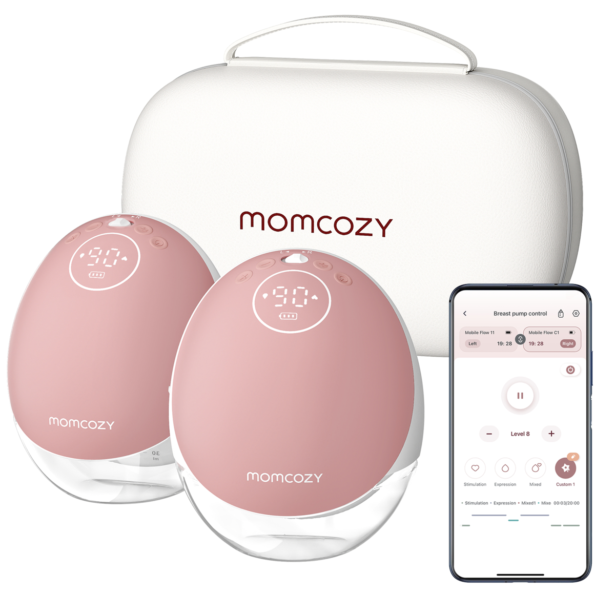 Ein rosa Momcozy Brustpumpen-Set mit Tragetasche und Telefon, das die App-Steuerung anzeigt. Die Pumpe hat Digitalanzeigen und eine klare Basis.