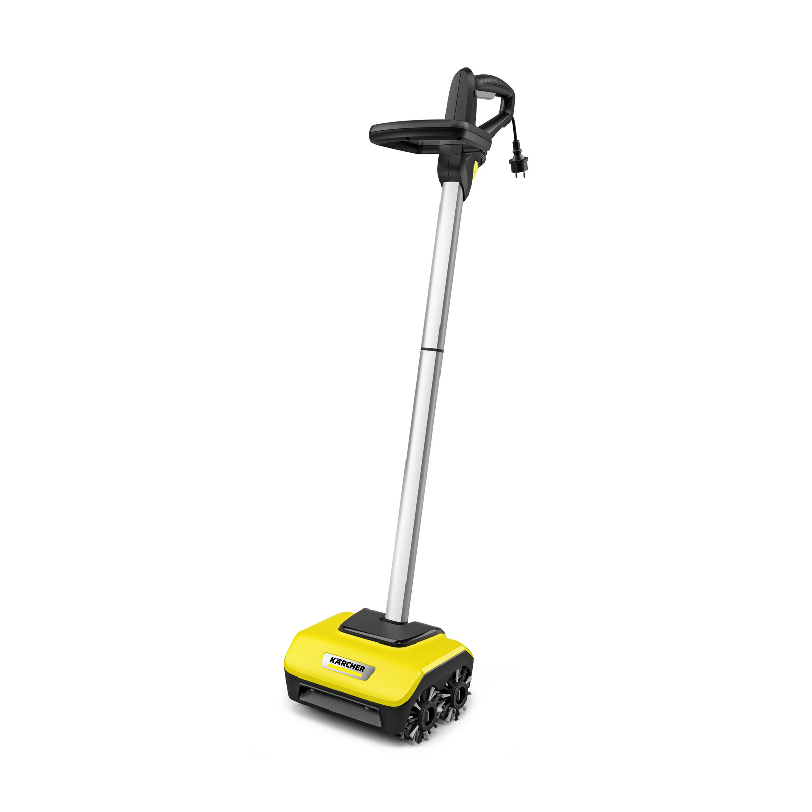 Egy Karcher elektromos seprű fehér háttér előtt. Sárga és fekete, hosszú nyéllel és tápkábellel.