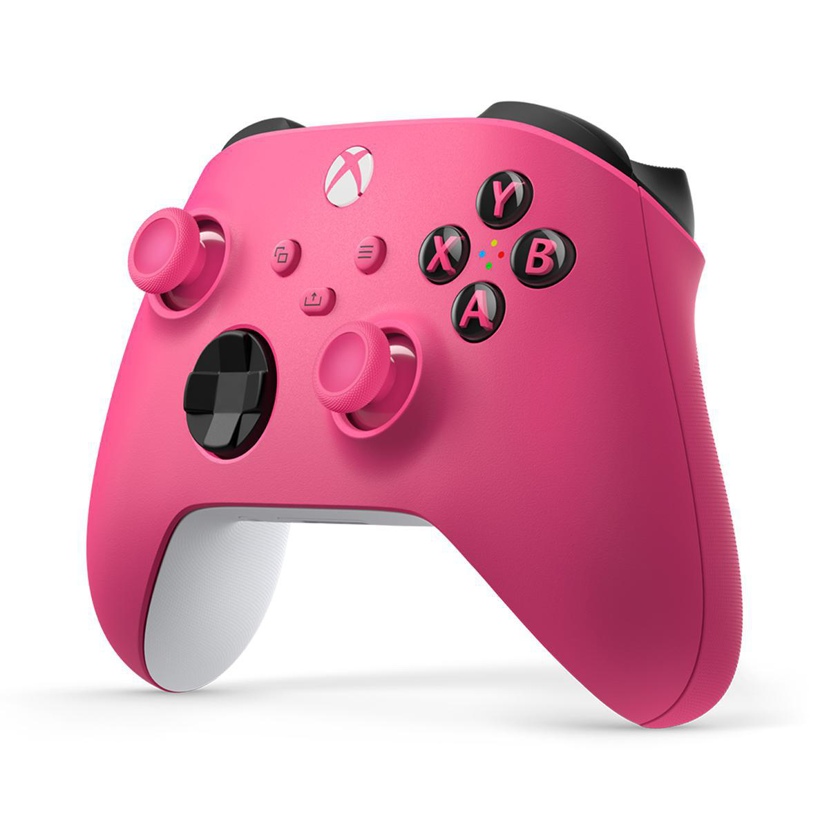 Ein pinkfarbener Xbox-Controller mit schwarzen Knöpfen und weißen Akzenten. Die Knöpfe sind mit Buchstaben und Symbolen beschriftet.