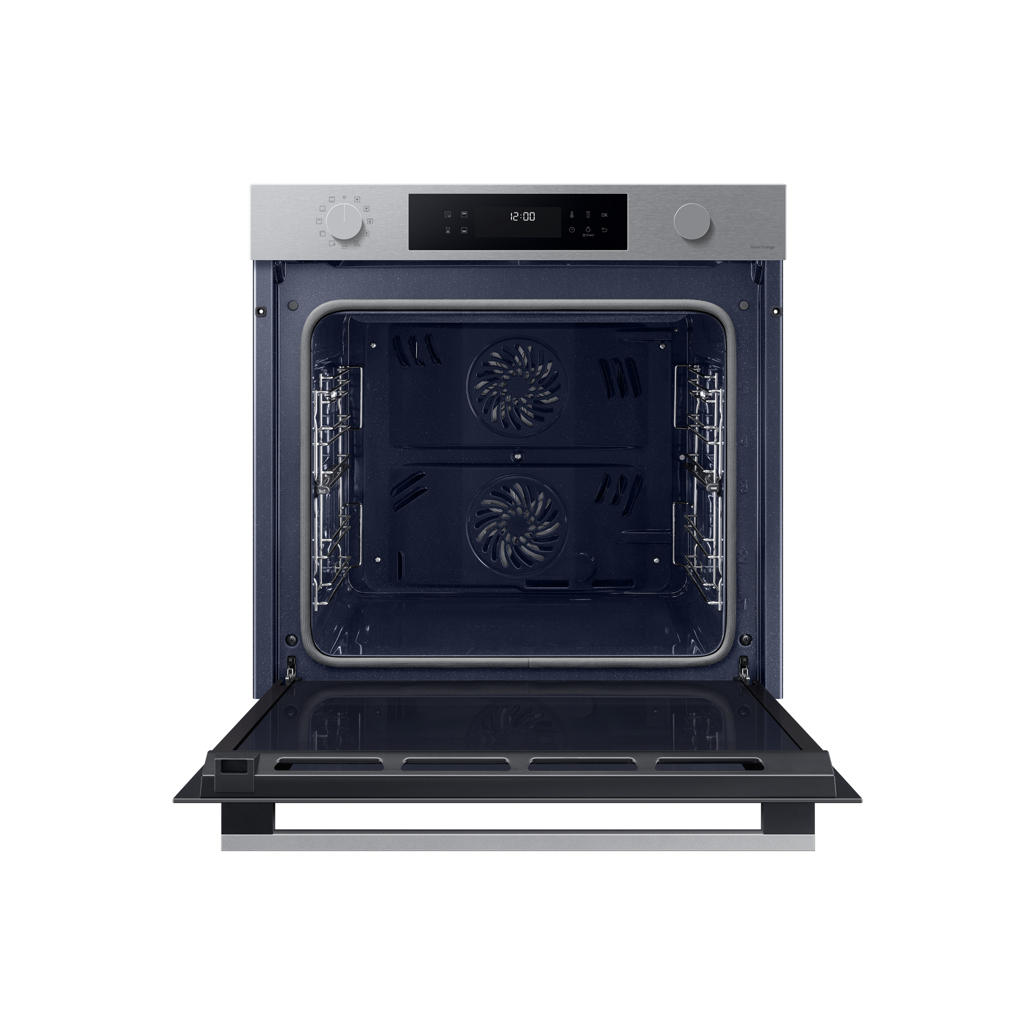 An open oven with a dark blue interior. It has a silver control panel and a glass door. Two fans are visible inside.