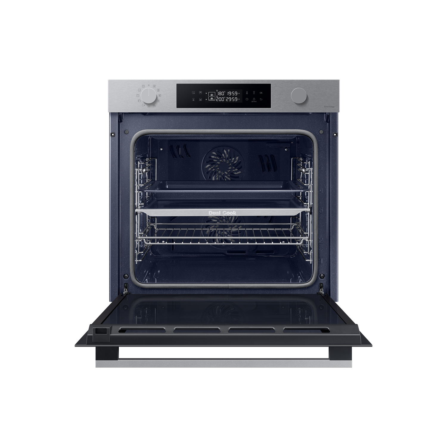 An open oven with the door down. Inside are two racks. Above is a control panel with a display and knob.