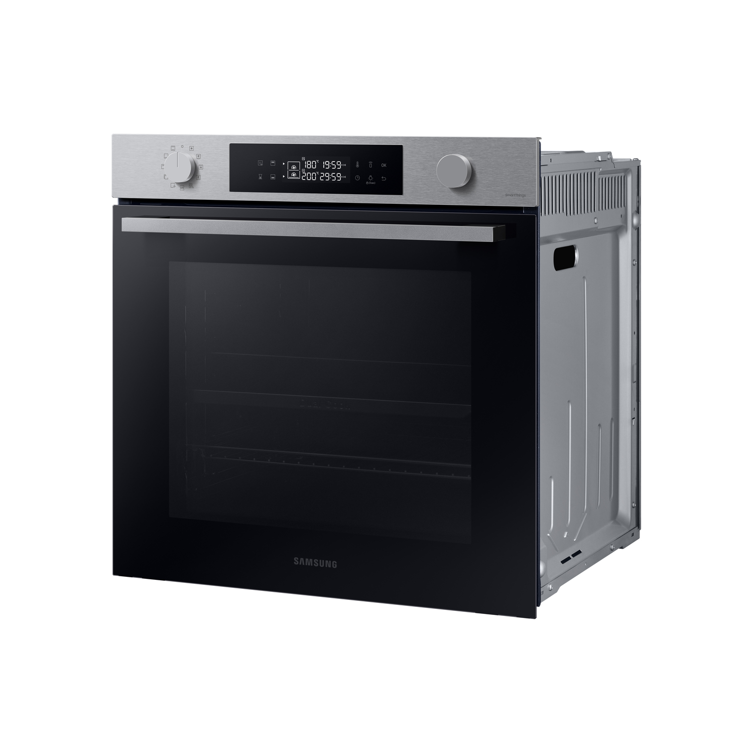 A Samsung oven, stainless steel finish, with a black glass door. It has a digital display and control knobs.