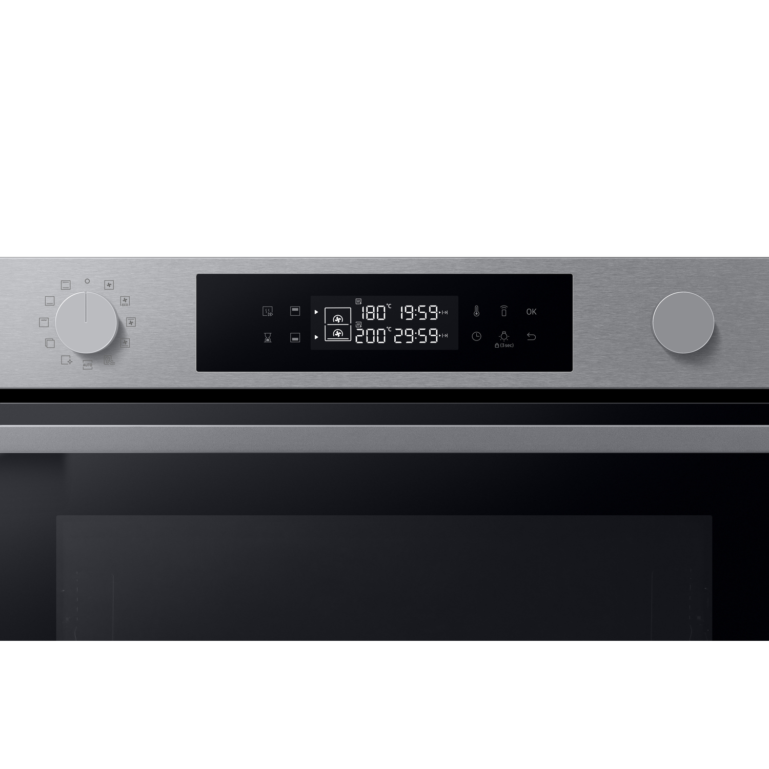 A stainless steel oven control panel with a digital display showing temperature and time. Knobs and buttons are visible.