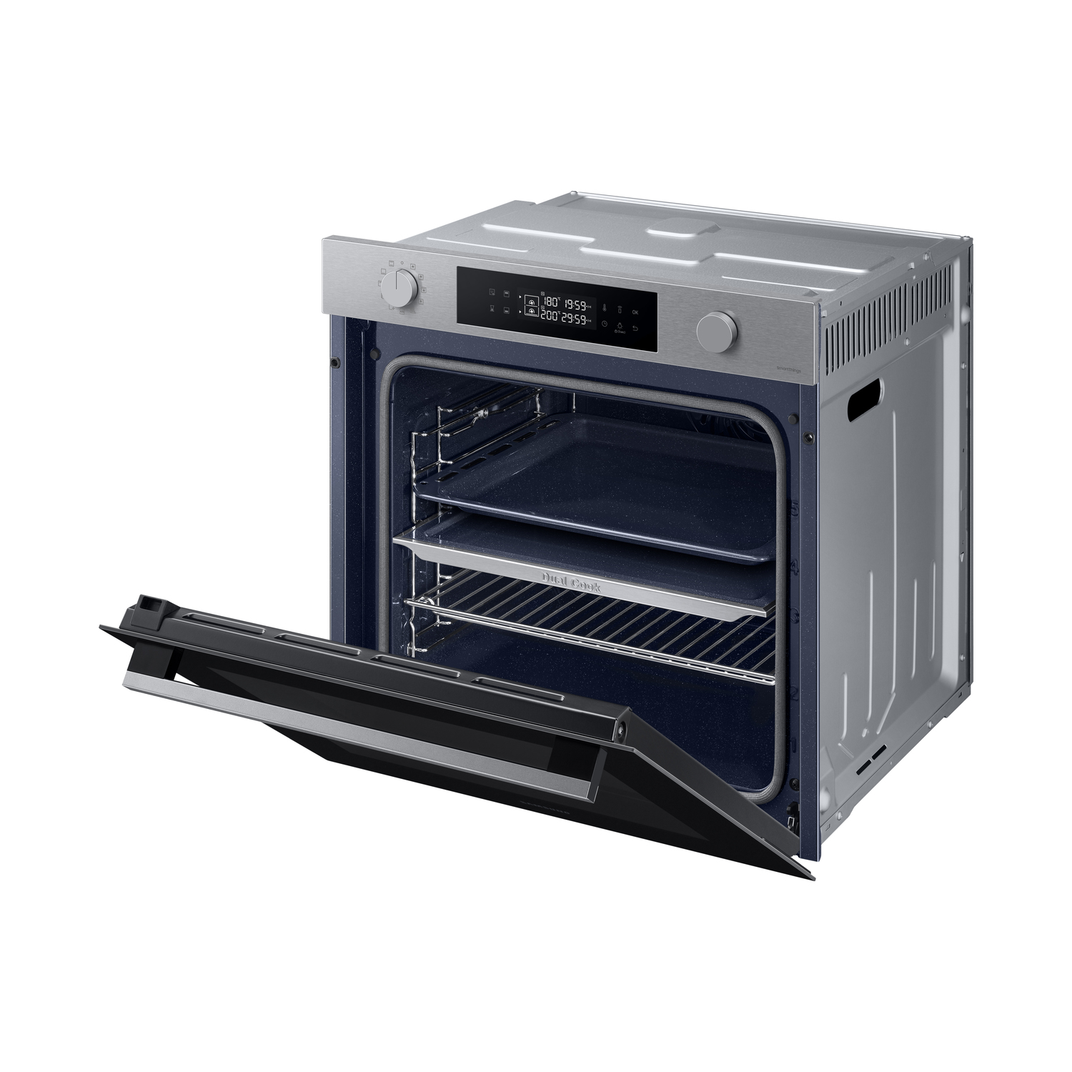 A stainless steel oven with the door open. The interior is blue, and there are shelves. The digital display shows temperature and time.
