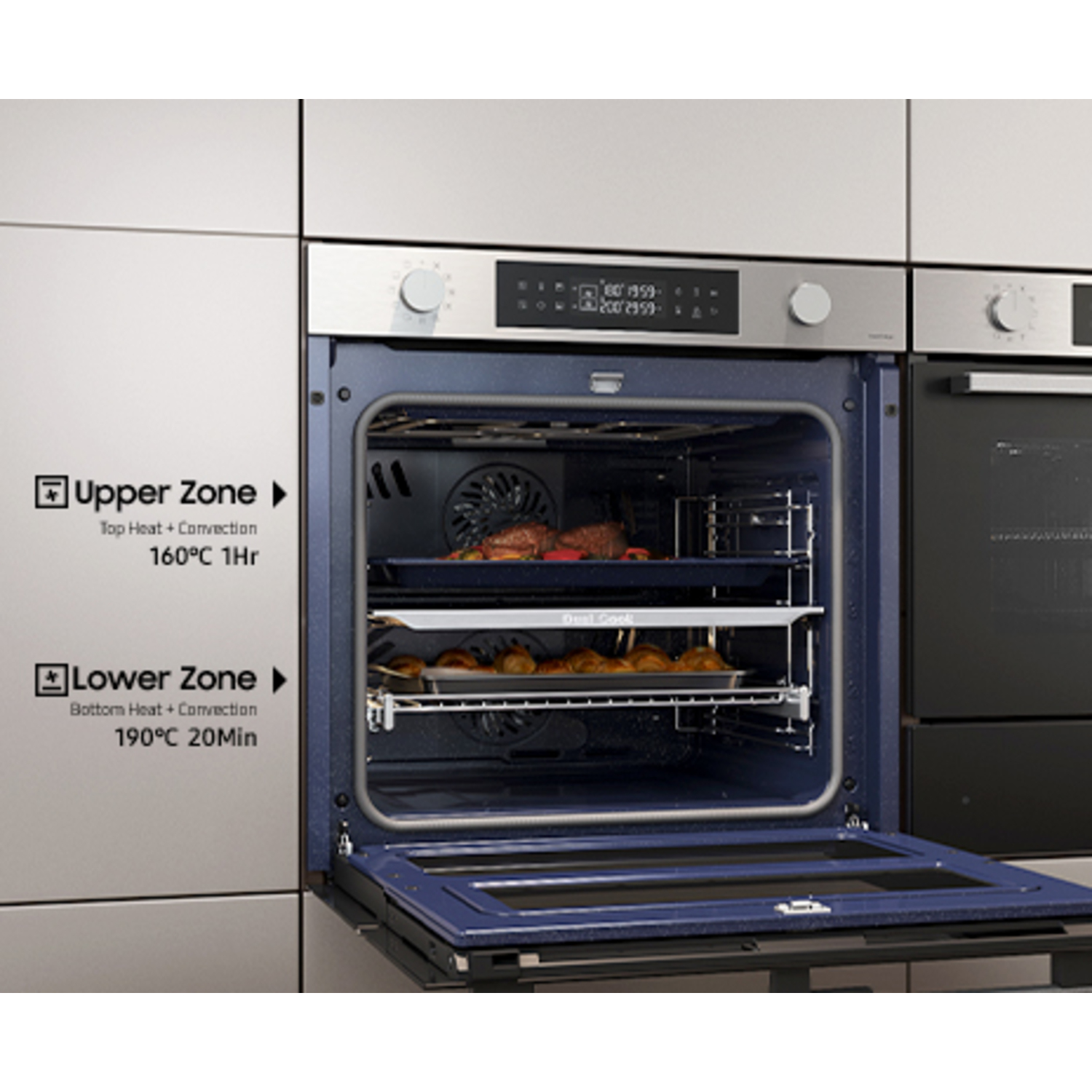 An open oven with food inside. Two racks hold trays. The oven door is open. Text indicates upper and lower zone settings.