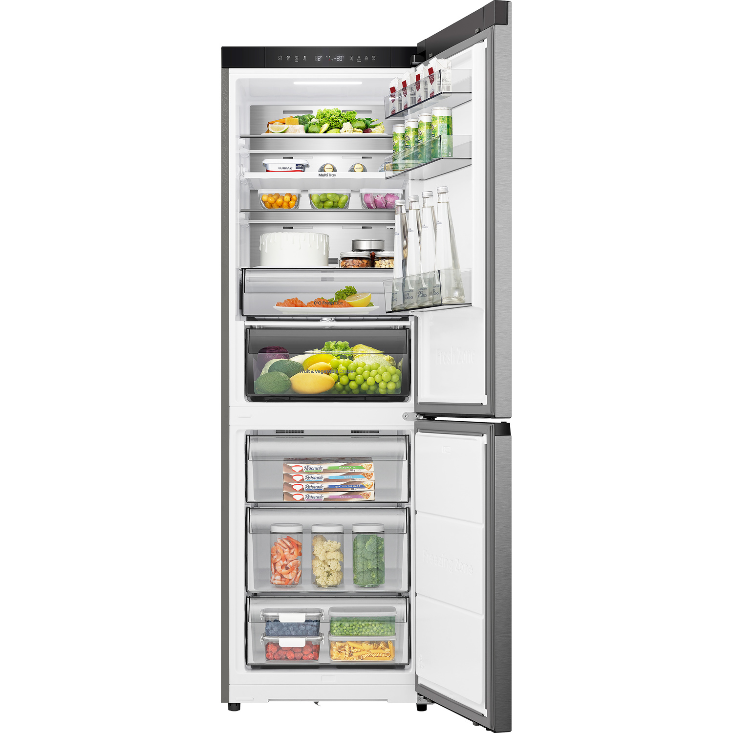 Open refrigerator with various foods. Fruits, vegetables, dairy, and frozen items are visible. The freezer door is also open.