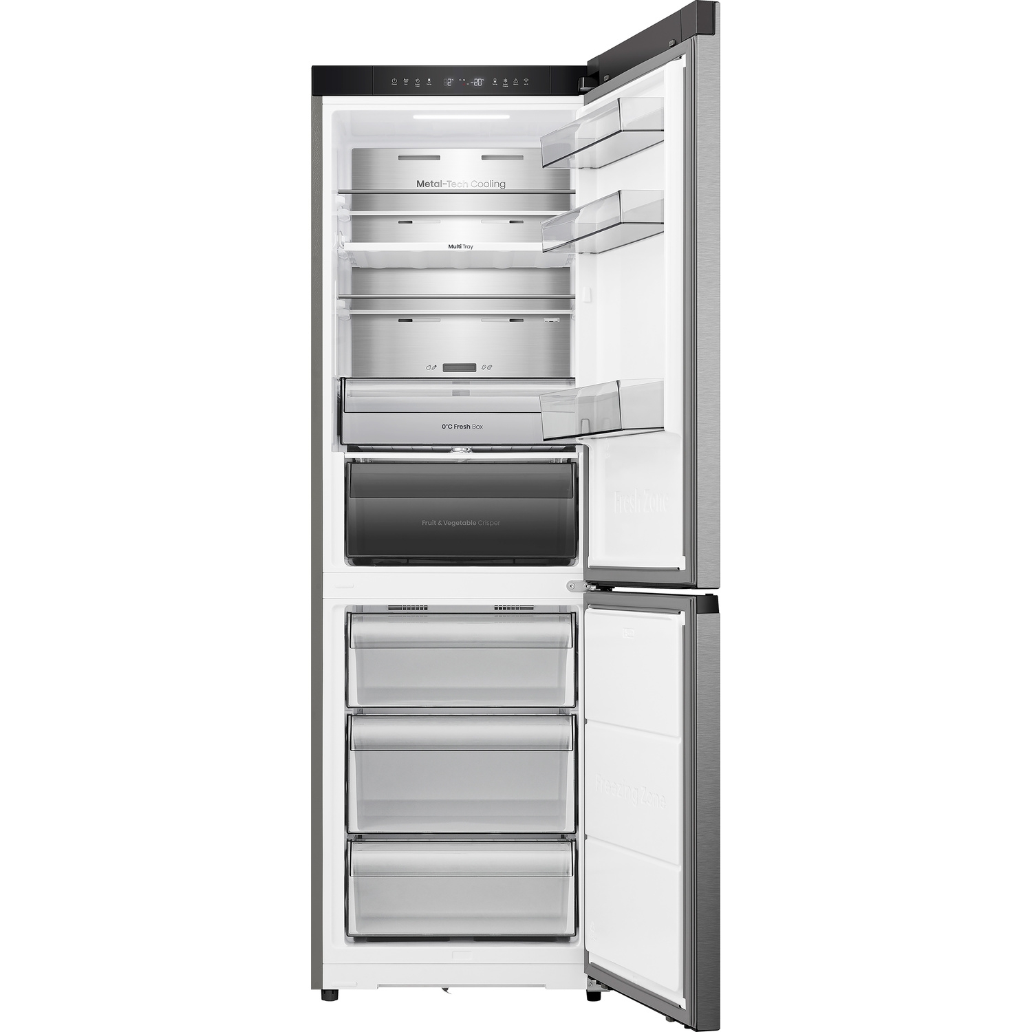 A modern refrigerator is open. The upper section has shelves, while the lower section features drawers. Both doors are ajar, showing inside.