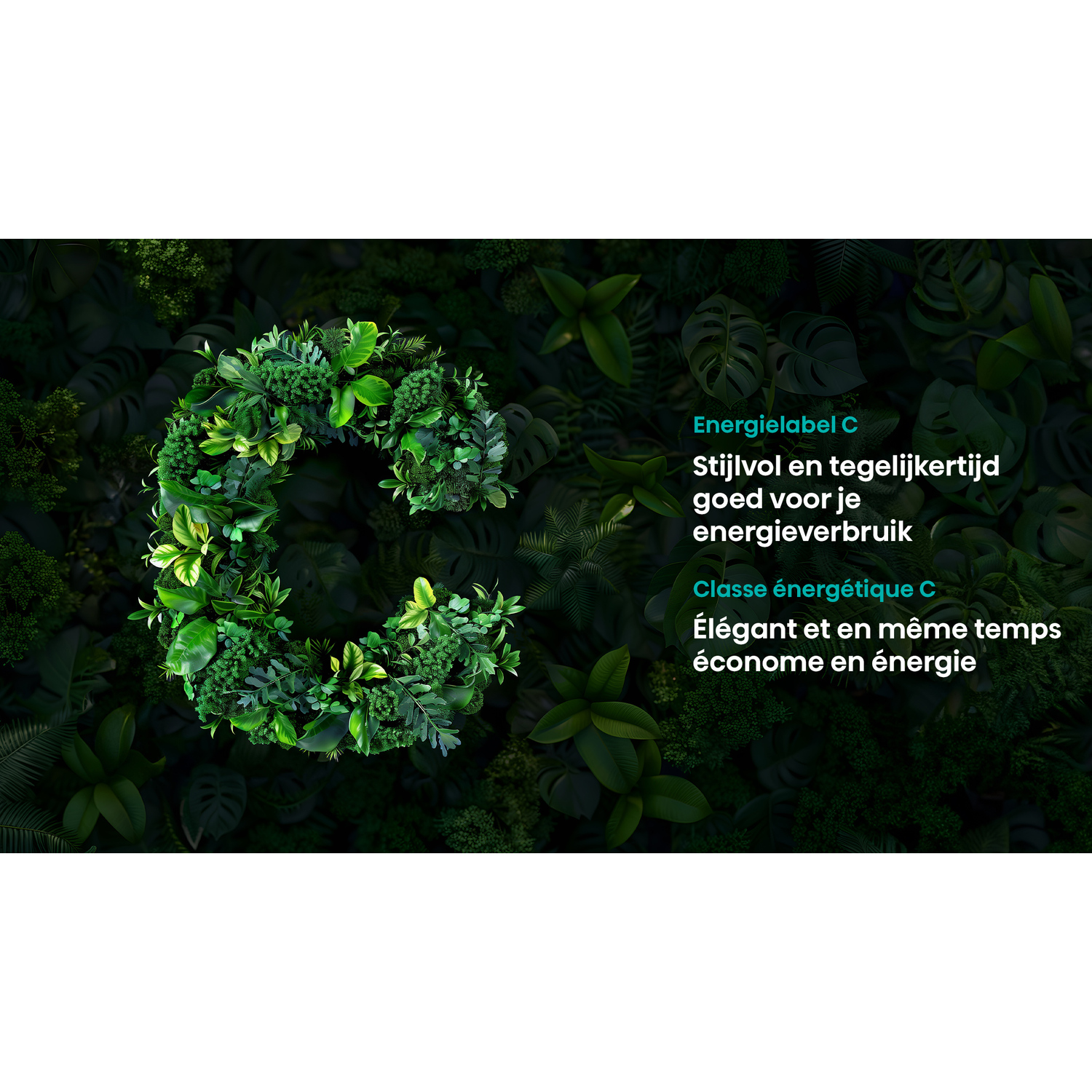 A large 'C' made of green plants sits on a dark green leafy background. Text indicates energy efficiency and elegance.