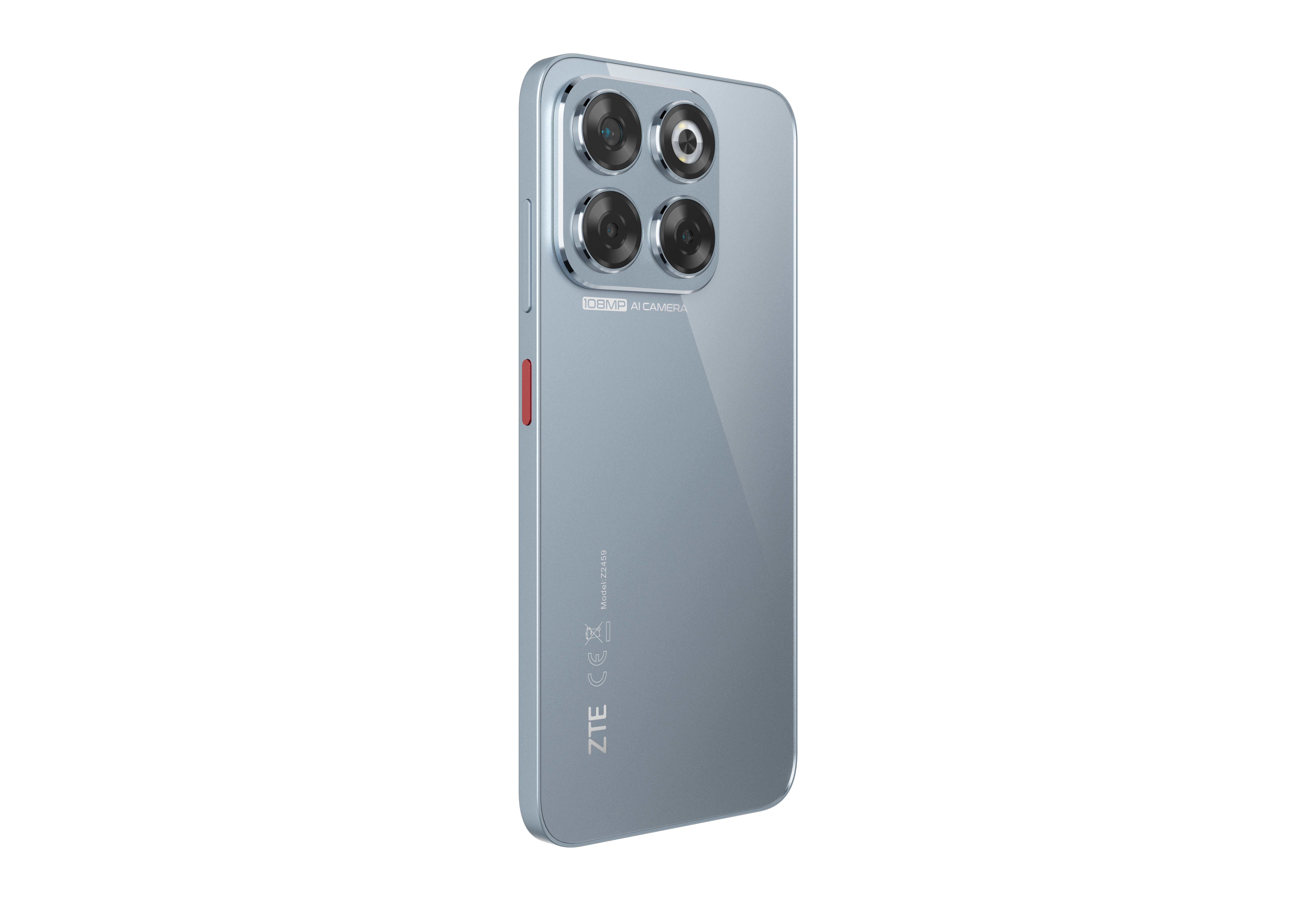 Ein hellblaues Smartphone ist nach rechts abgewinkelt. Vier Rückkameras sind sichtbar. Auf der Seite befindet sich eine rote Taste. Die Marke ist ZTE.