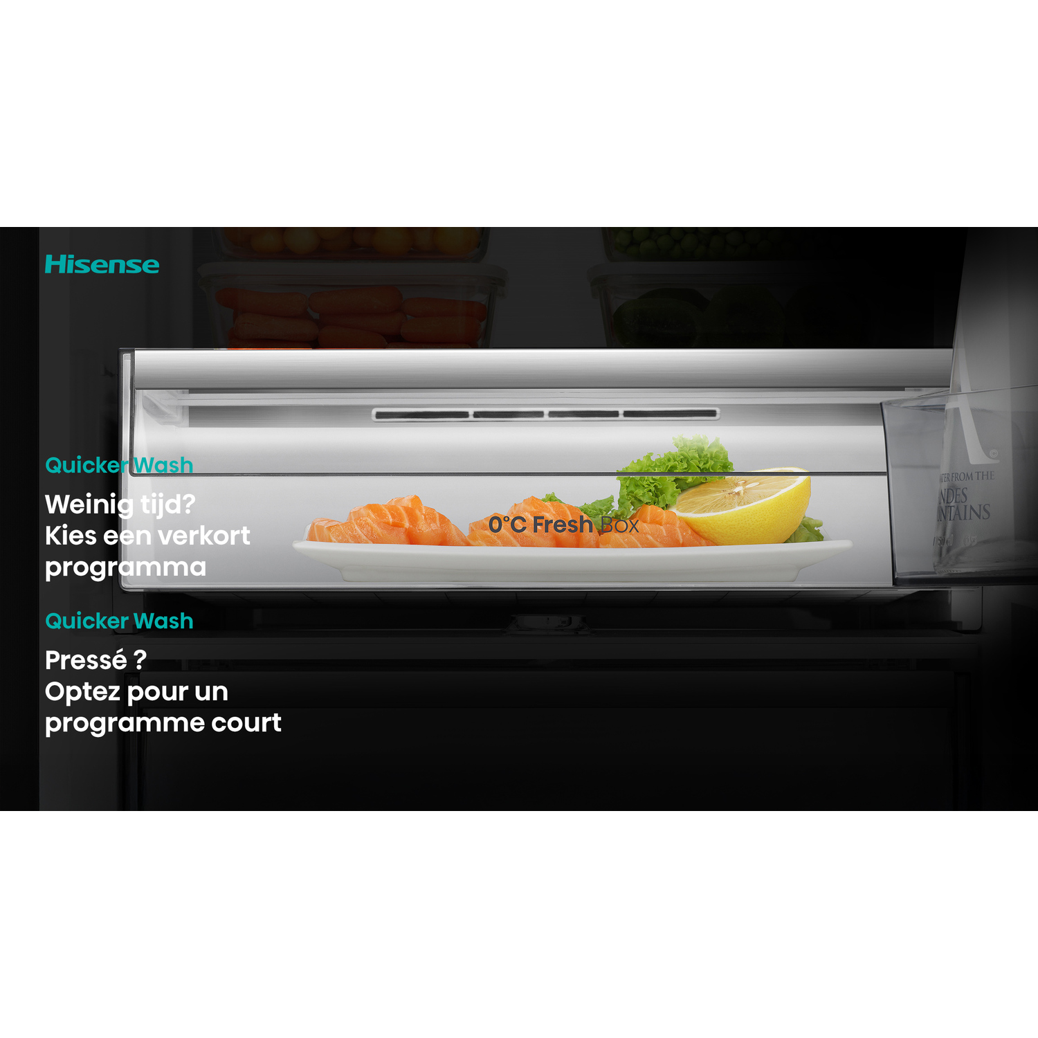 A refrigerator drawer shows salmon, lemon, and lettuce on a white plate. The drawer is labeled '0°C Fresh Box'.