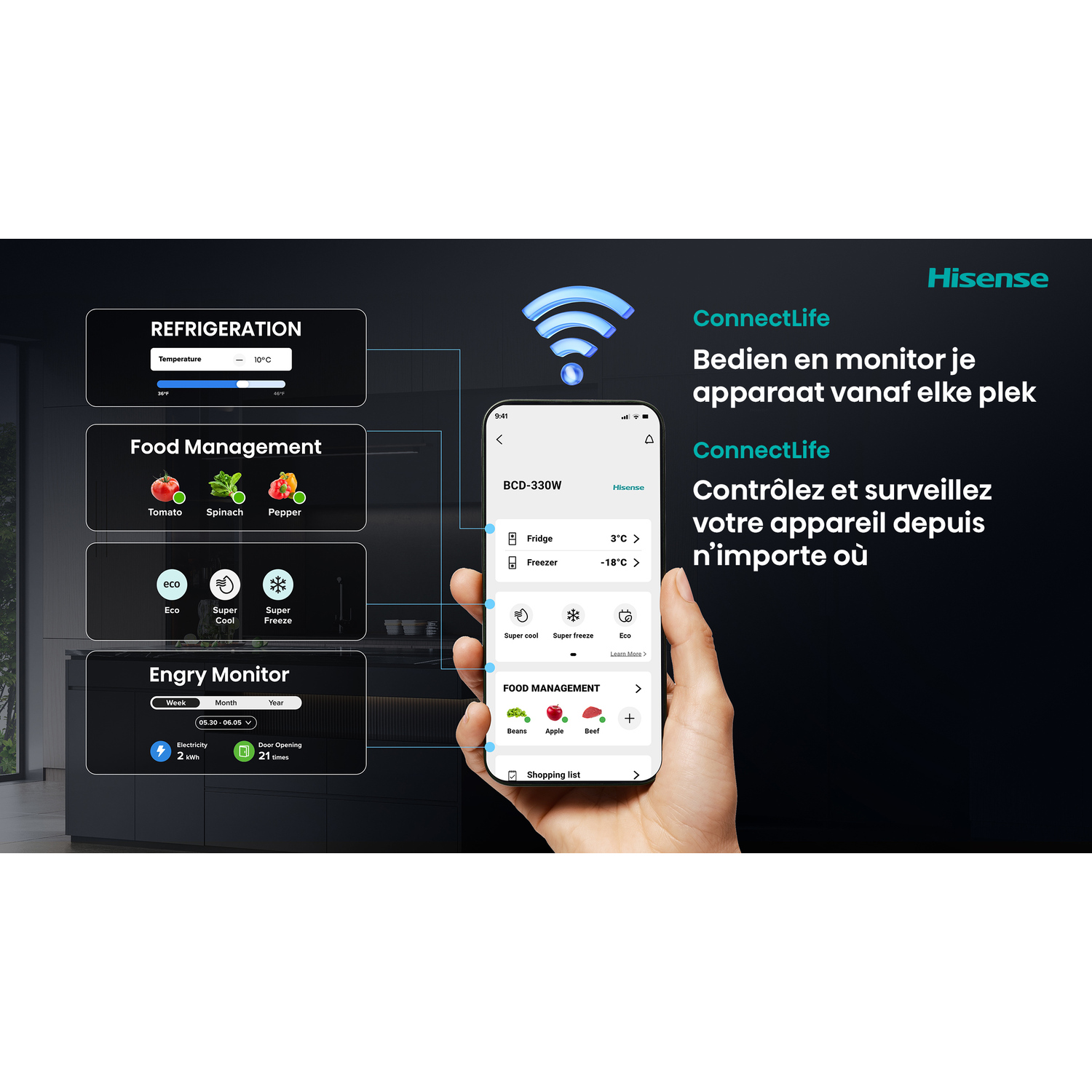 Hisense smart fridge interface. Shows temperature, food management, energy monitor, and smartphone control via ConnectLife.