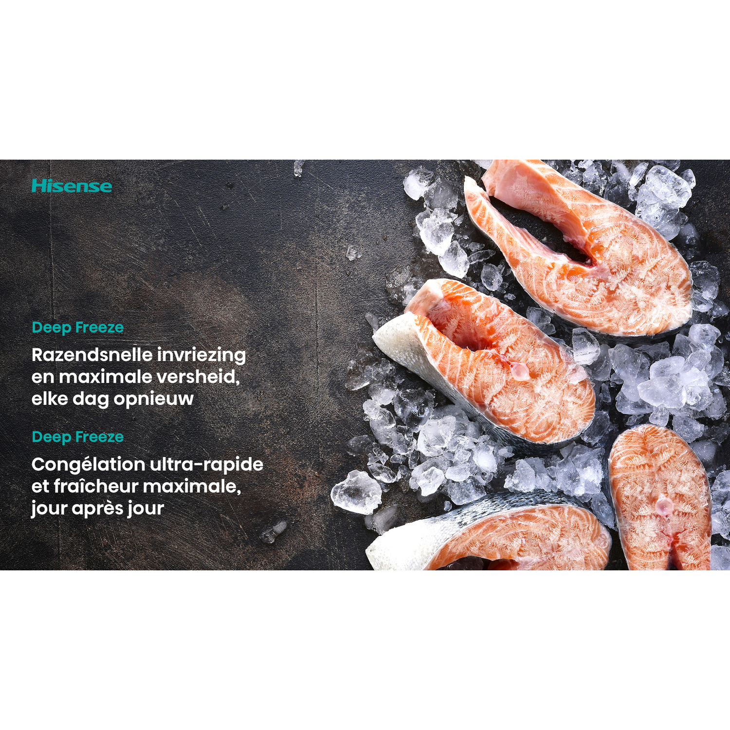 Salmon steaks on ice. The image shows several slices of salmon on crushed ice, with a dark background and some text.