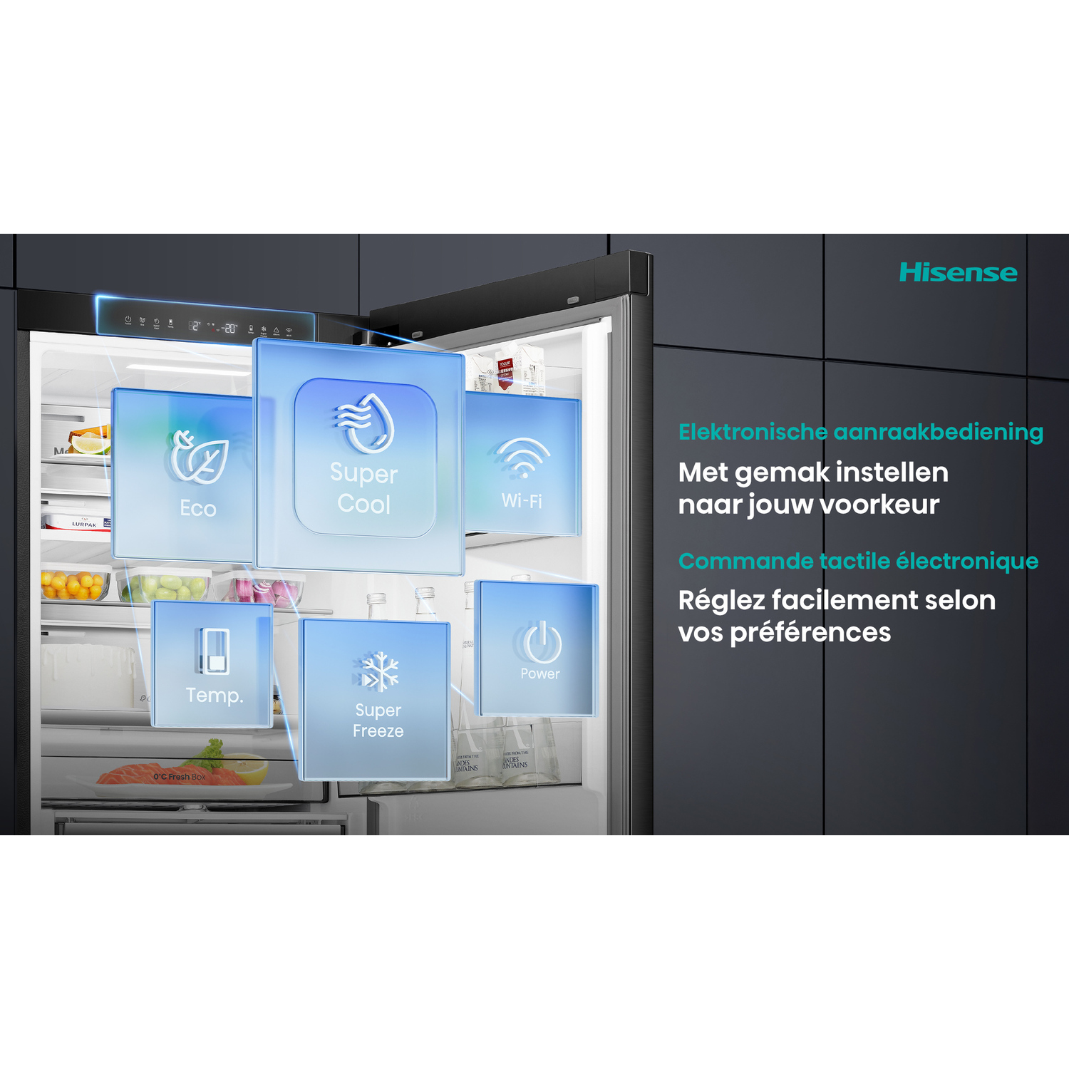 A Hisense refrigerator with touchscreen controls, Eco, Super Cool, Wi-Fi, Temp, Super Freeze, and Power icons are visible.