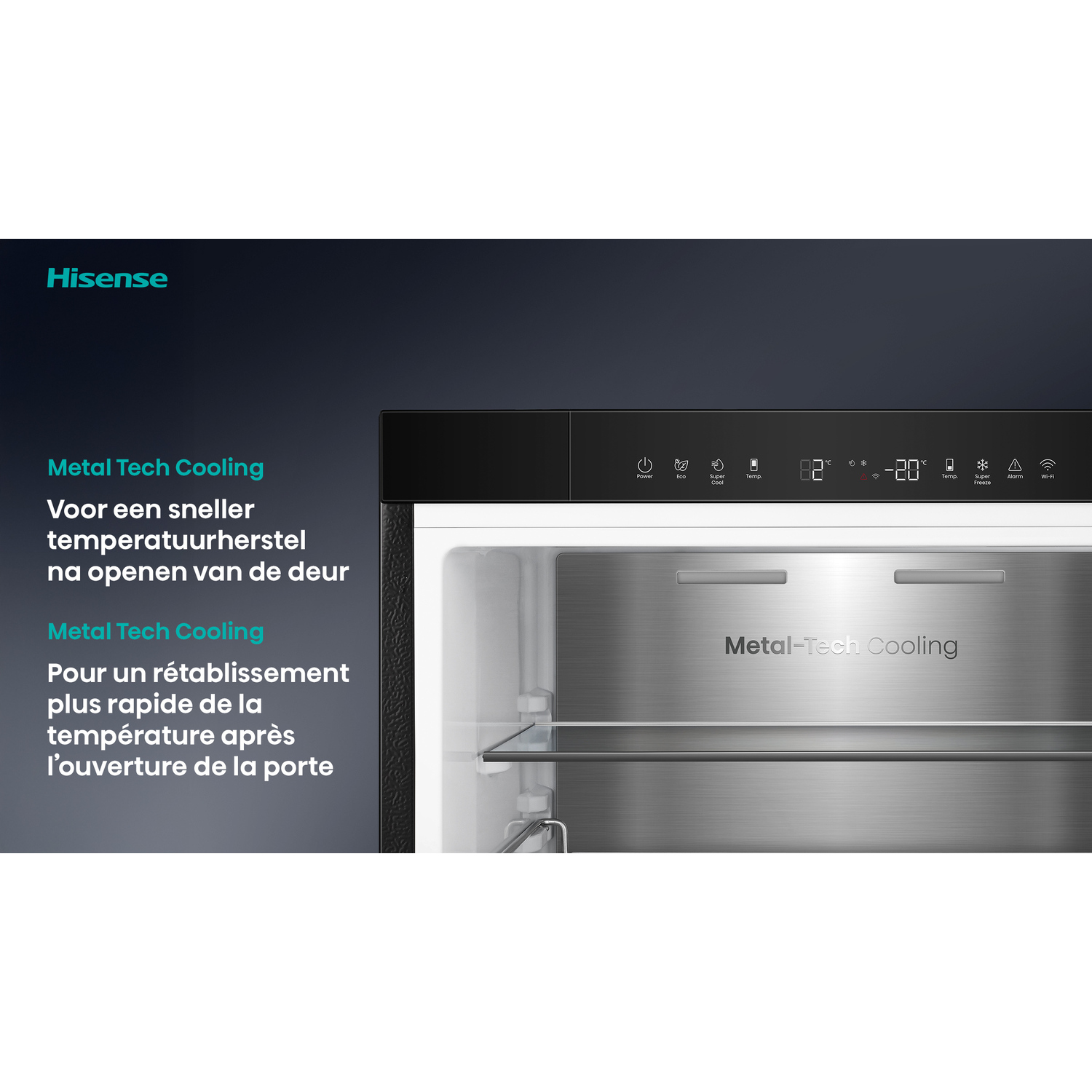 A refrigerator with a digital display. The inside is silver, with the words Metal-Tech Cooling on it.